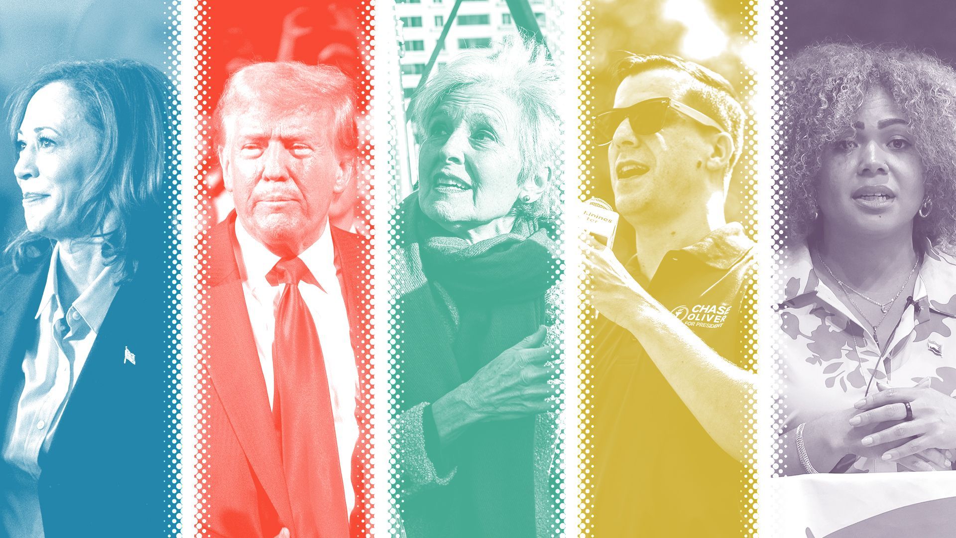 Photo illustration of Kamala Harris, Donald Trump, Jill Stein, Chase Oliver and Claudia De la Cruz