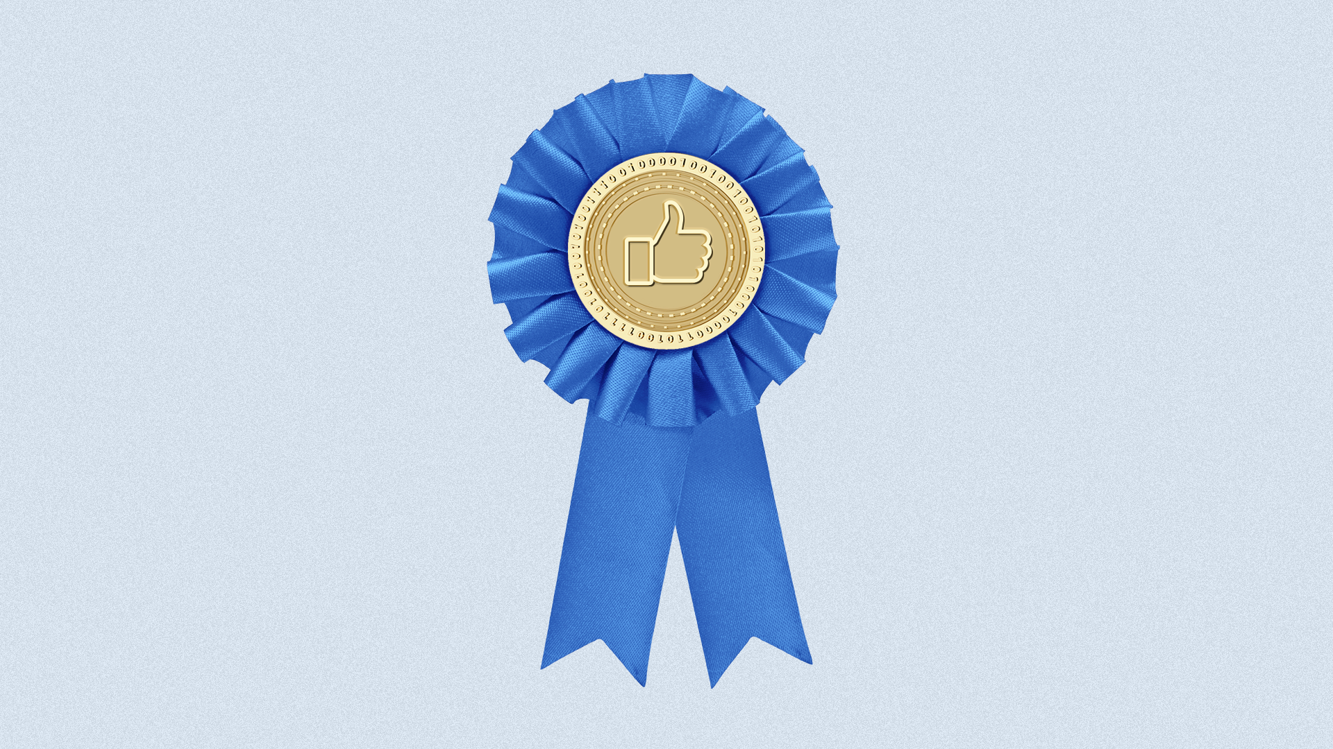Illustration of a blue ribbon with a gold coin in the center, on the coin is an embossed Facebook "like" icon.