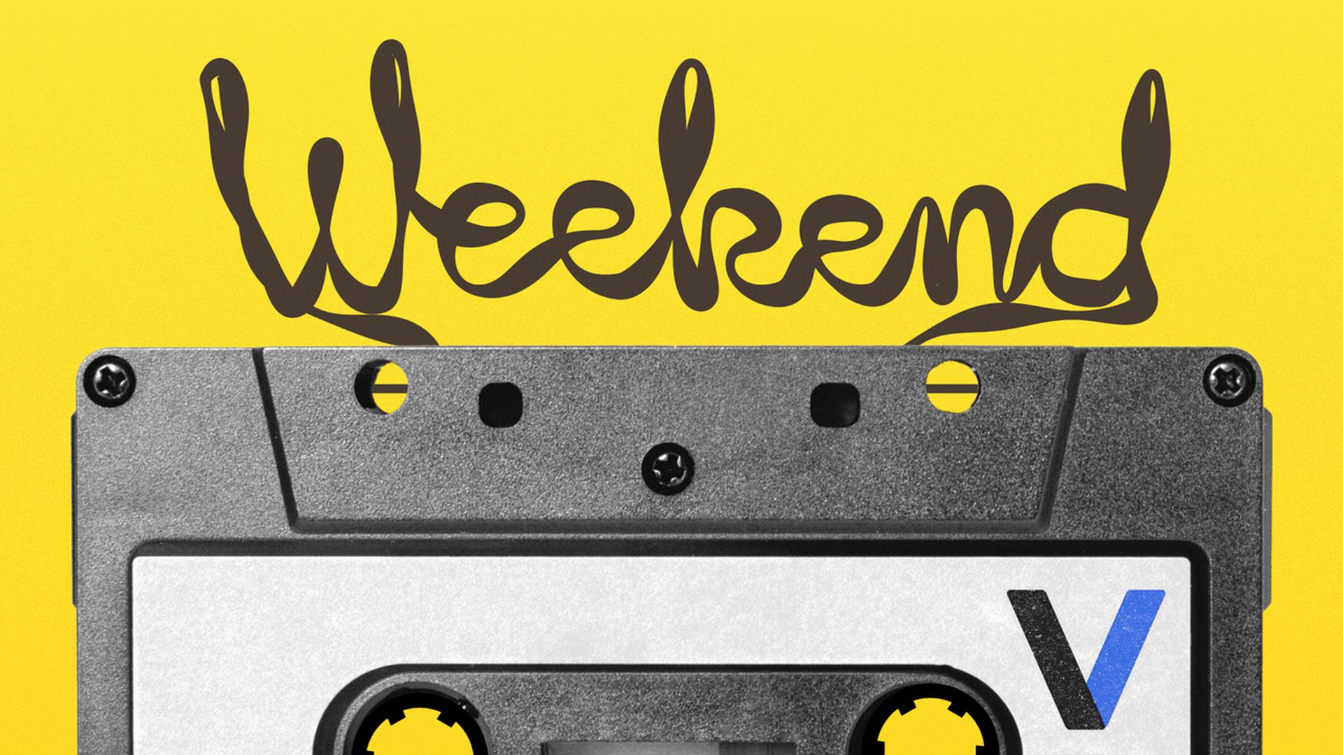 Illustration of a cassette tape with the tape unspooling to spell weekend.