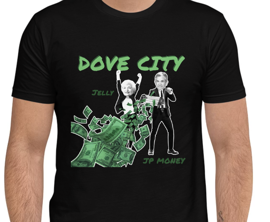 A photo of a model wearing a t-shirt that says "Dove City."