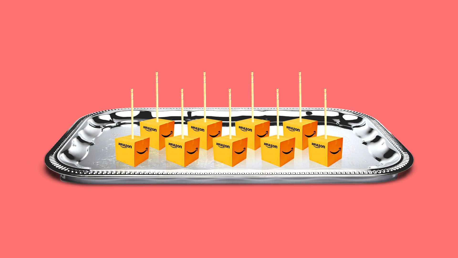 Illustration of small Amazon shipping boxes on a platter