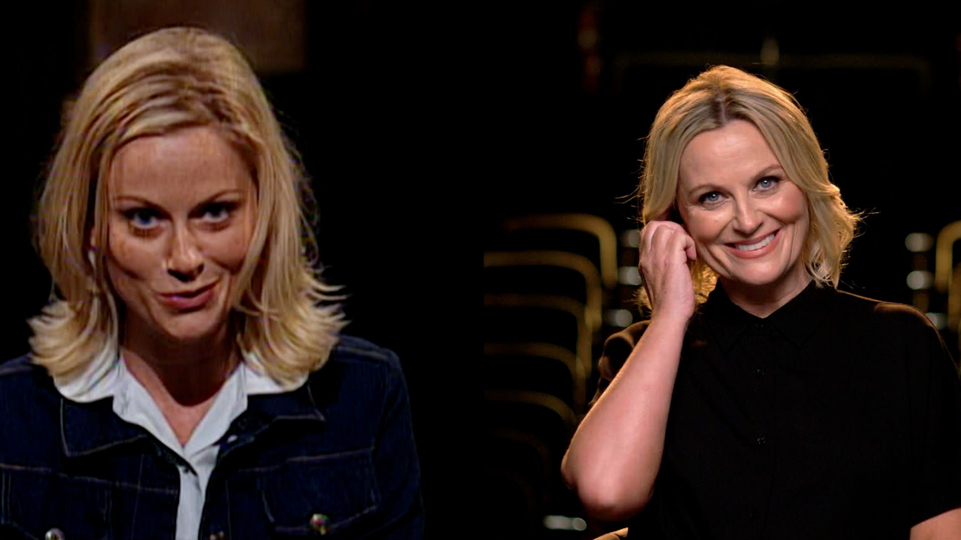 Two images merged together, each showing Amy Poehler. On the left, Poehler appears to be talking during an older SNL skit. The ends of her blonde hair are flipped out and she is wearing a collard  white shirt and jacket. On the right, she is smiling and touching her ear wearing a black top.