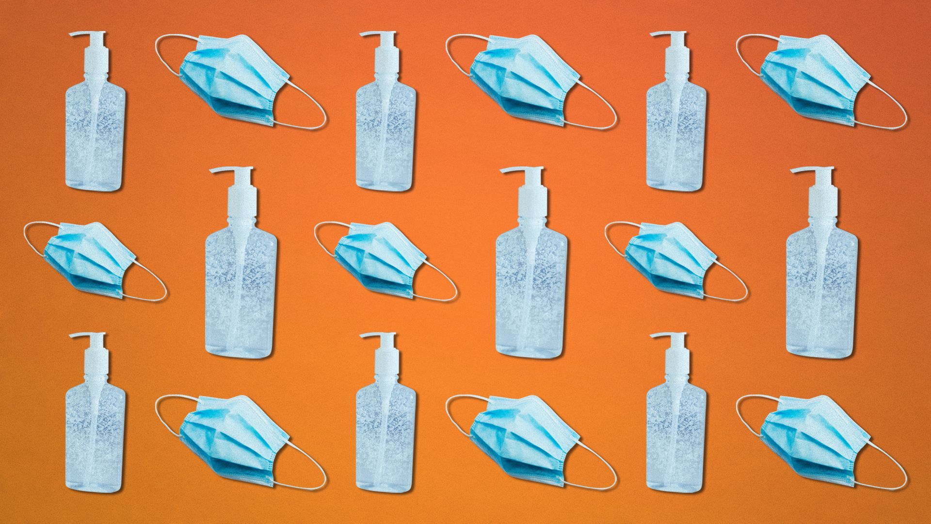 Illustration of a repeating pattern of hand sanitizer bottles and masks.