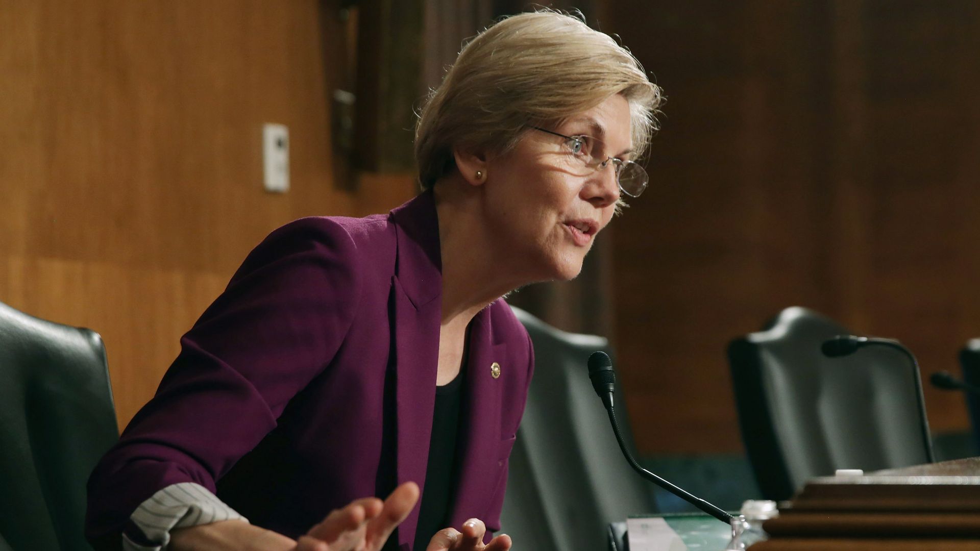 In this image, Elizabeth Warren speaks into a microphone at a committee hearing. 