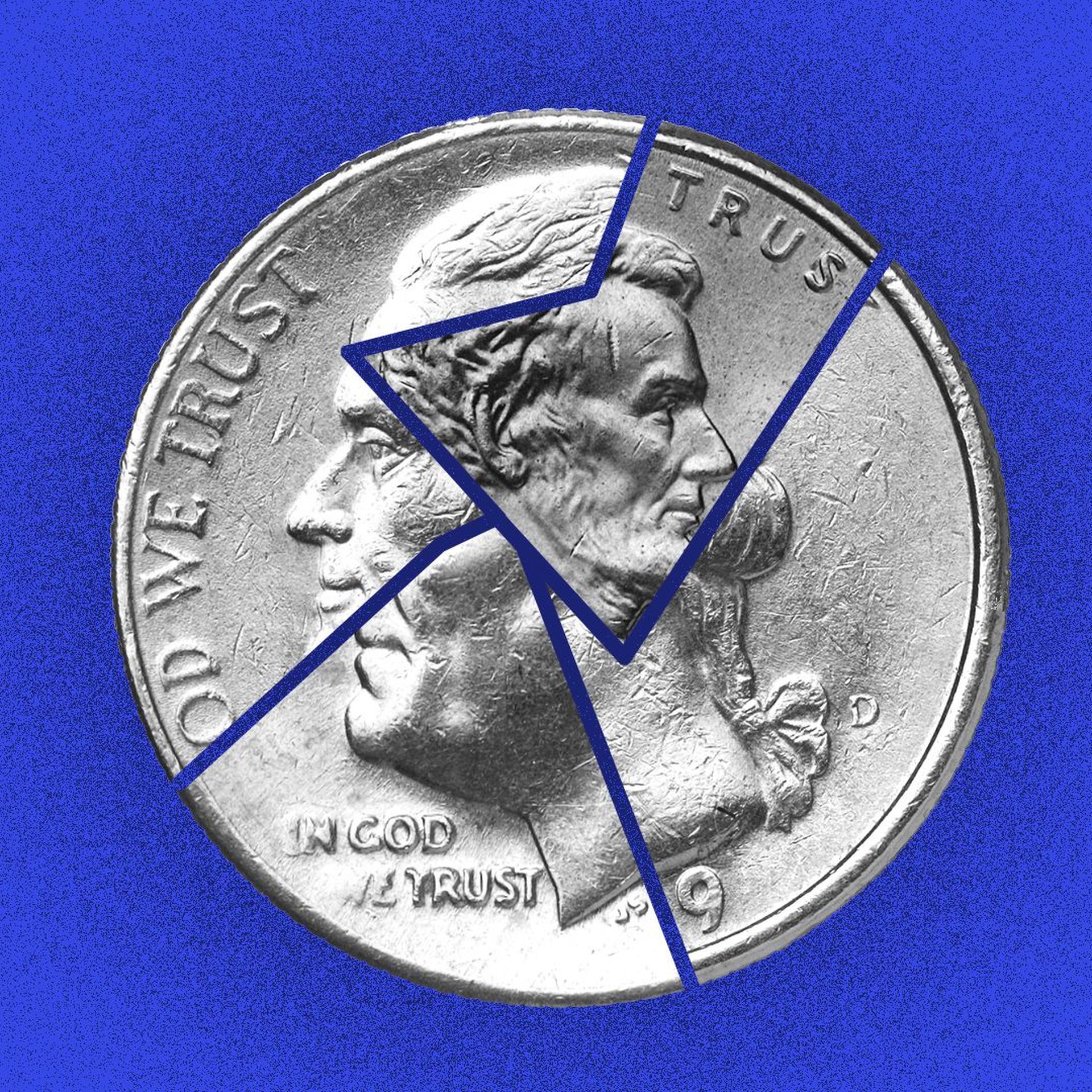 Illustration of a coin made up of different coin denominations. 