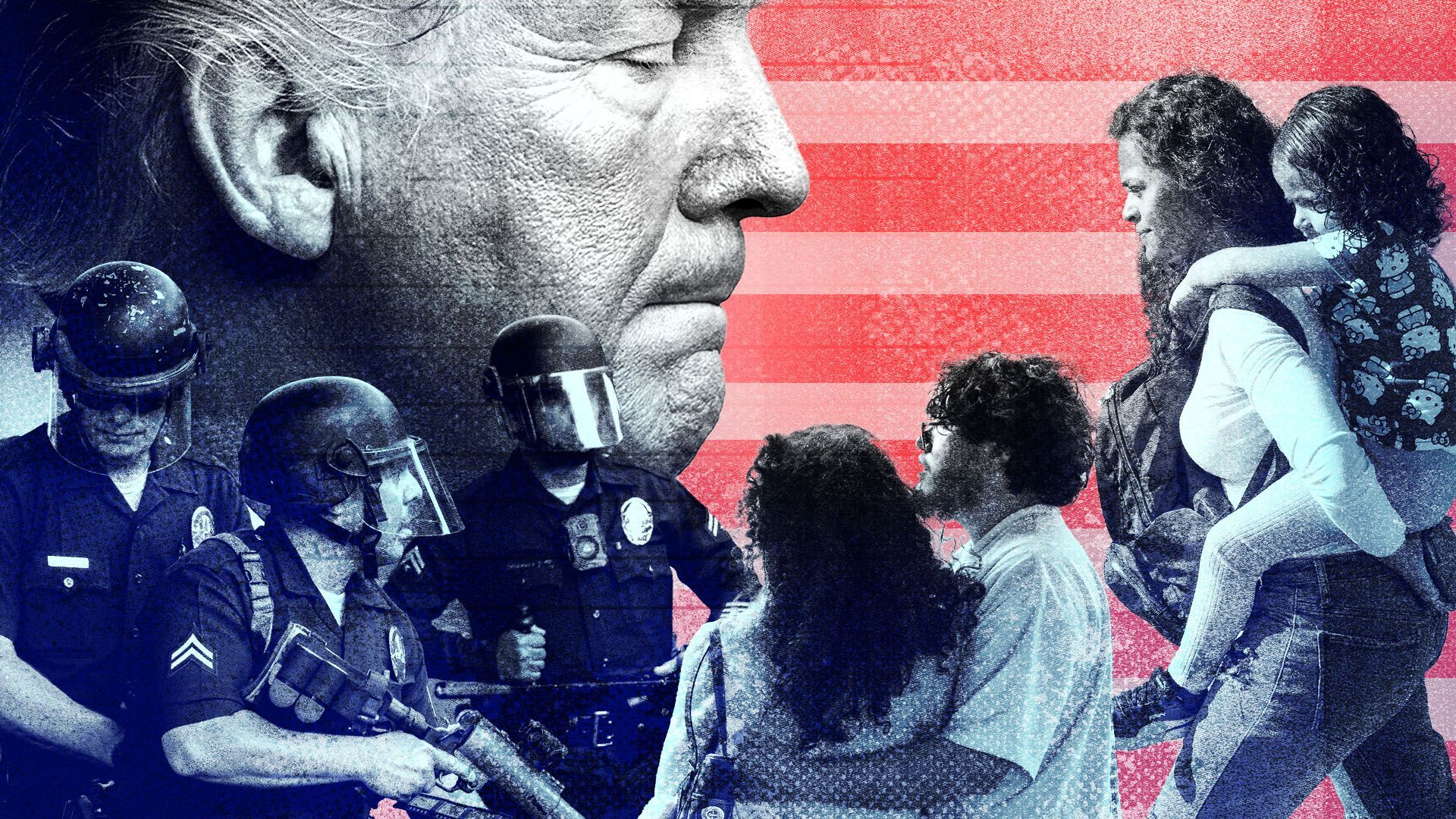 Photo illustration of President Trump surrounded by LA police officers in protest gear and Angelenos with an American flag behind them