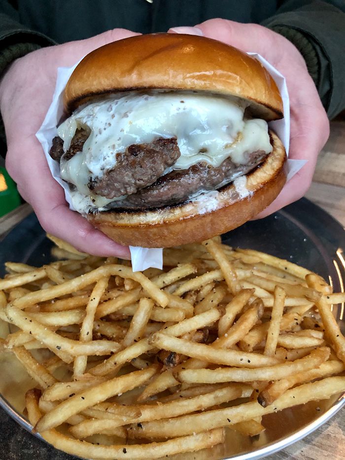burger and fries at charlotte beer garden