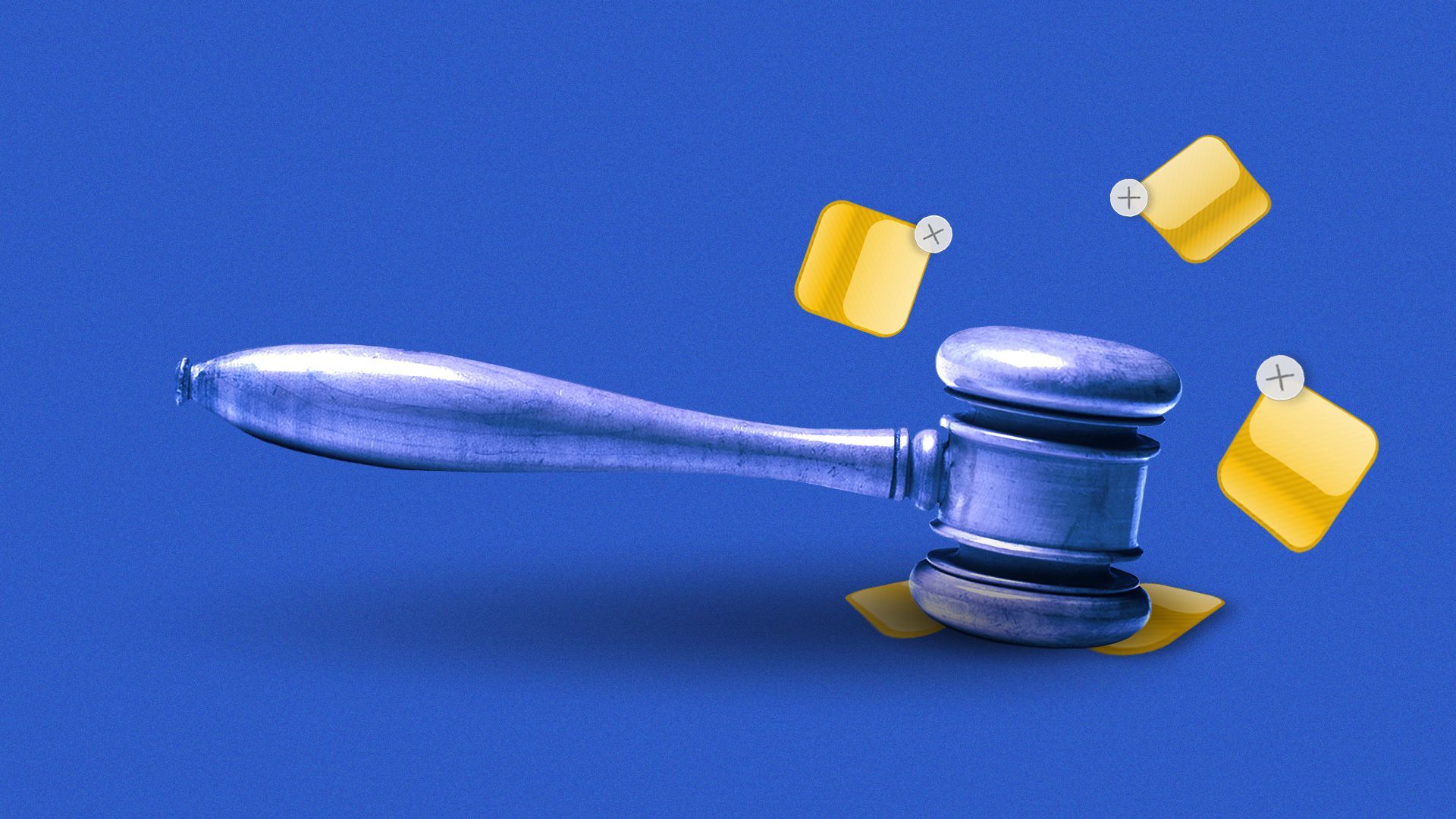 Illustration of a gavel smashing app icons.