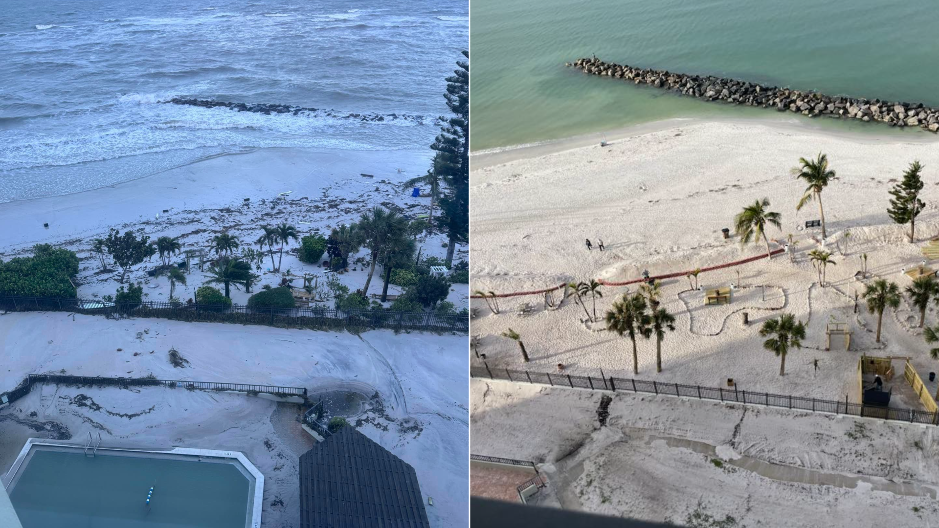 Two photos merged together. On the left, a stretch of beach covered in debris. On the right, the same stretch is cleaned up and beginning to look like a landscaped garden.