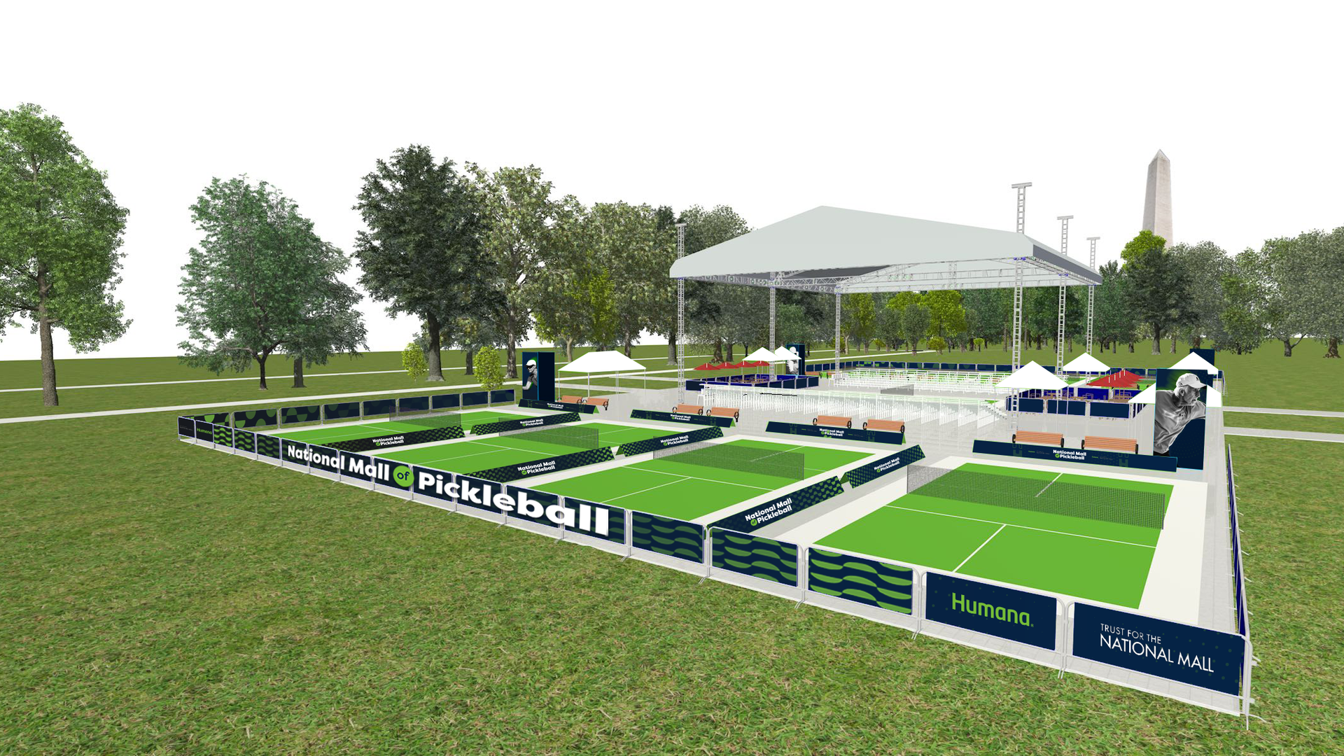 A rendering of pickelball courts on the National Mall overlooking the Washington Monument