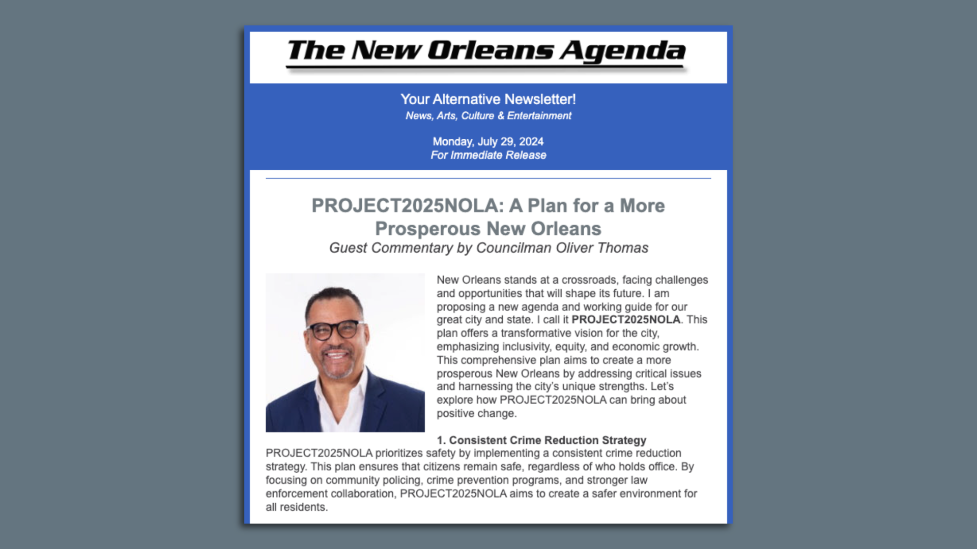 Image is a screenshot from The New Orleans Agenda and a column from Oliver Thomas about his Project 2025 NOLA initiative.