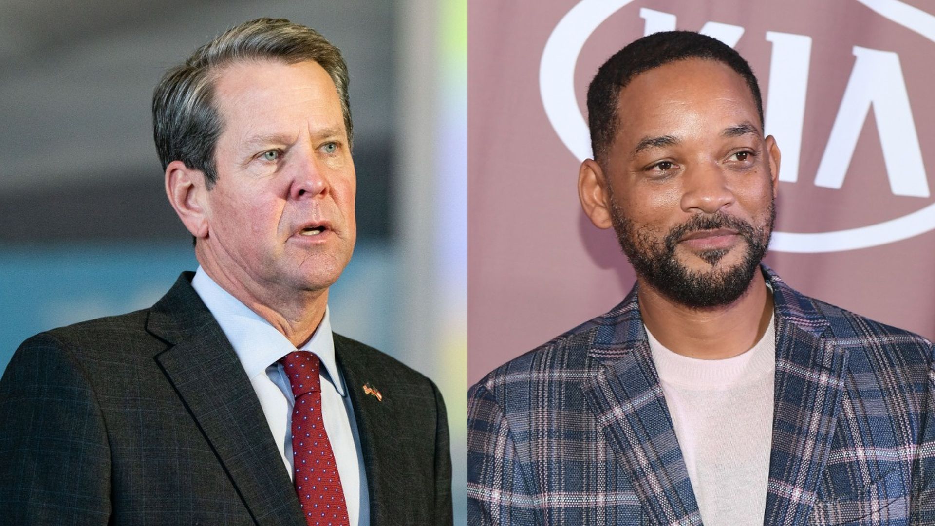 Photo of Brian Kemp on the left and Will Smith on the right