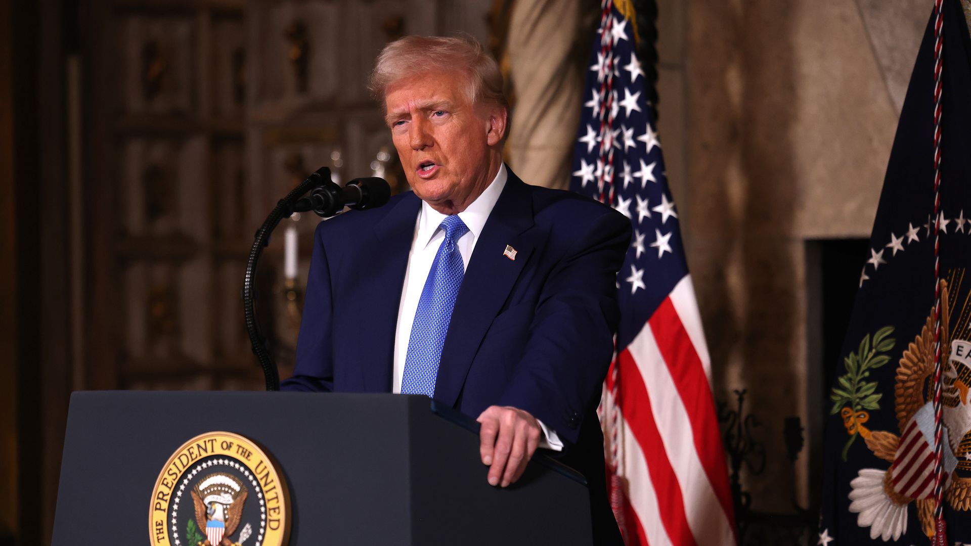 U.S. President Donald Trump delivers remarks before signing an executive order on expanding access to IVF at his Mar-a-Lago resort on February 18, 2025 in Palm Beach, Florida.