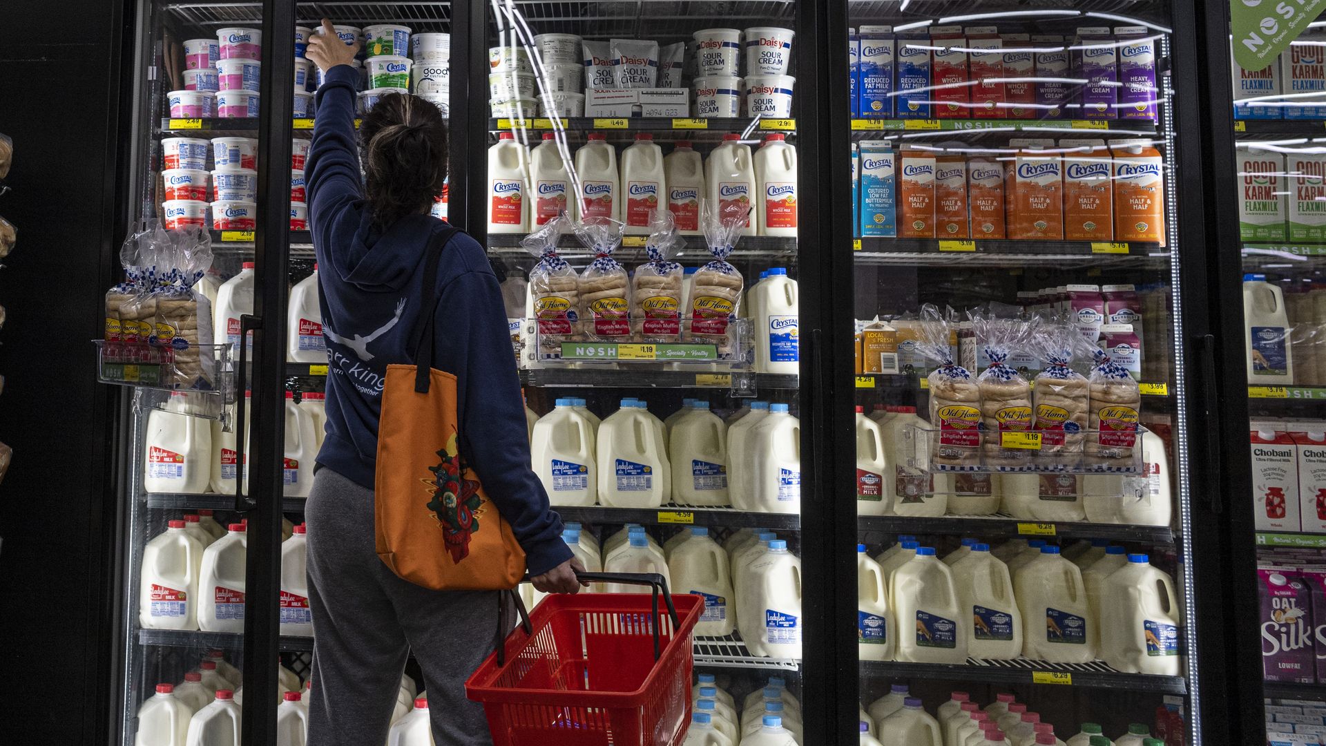 Person reaching for a dairy product in front of a refrigerated case of groceries.