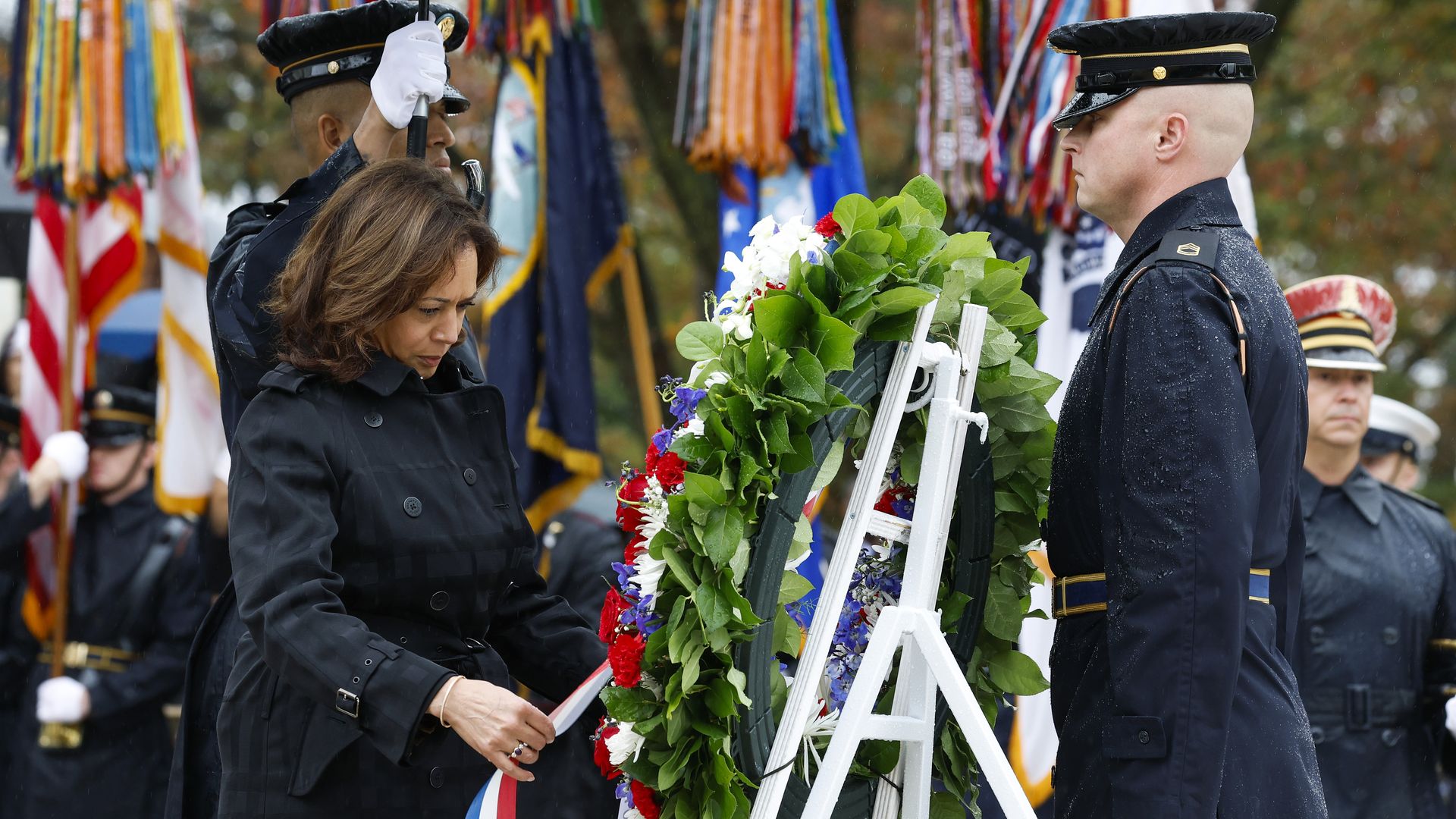 U.S. Vice President Kamala Harris participates in a wreath laying ceremony the Tomb of the Unknown Soldier in the Arlington National Ceremony on November 11, 2022