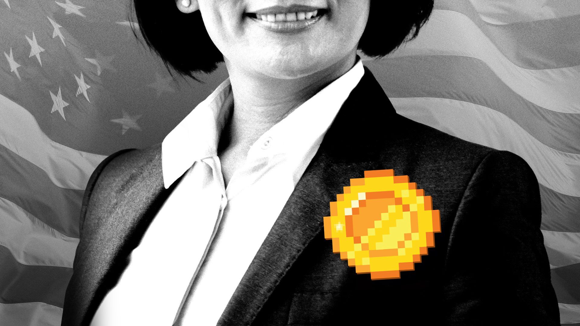 Illustration of a politician wearing an 8-bit digital coin like a pin