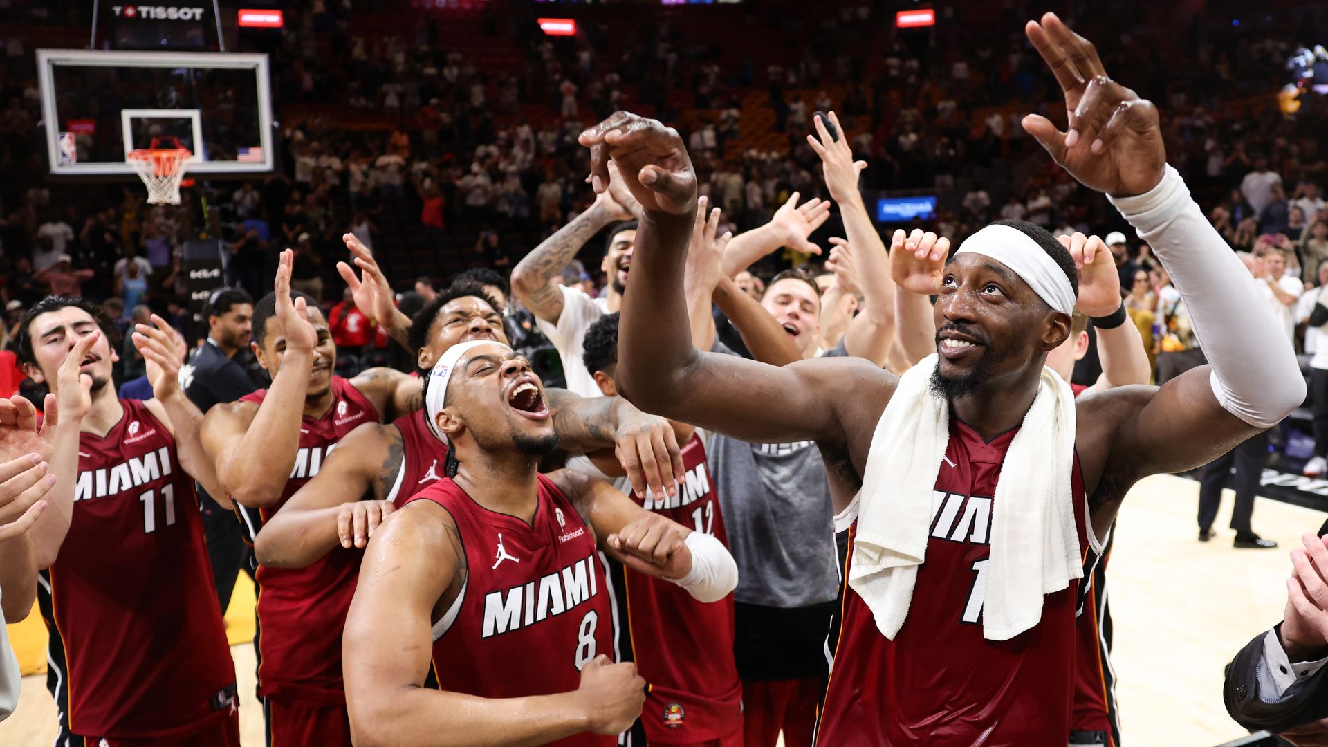 MIAMI, FLORIDA - MARCH 10: Bam Adebayo #13 of the Miami Heat celebrates with teammates after defeating the Washington Wizards at Kaseya Center on March 10, 2026 in Miami, Florida. Adebayo passed Kobe Bryant for the second most points scored in an NBA game with 83 in the 150-129 win. NOTE TO USER: Us