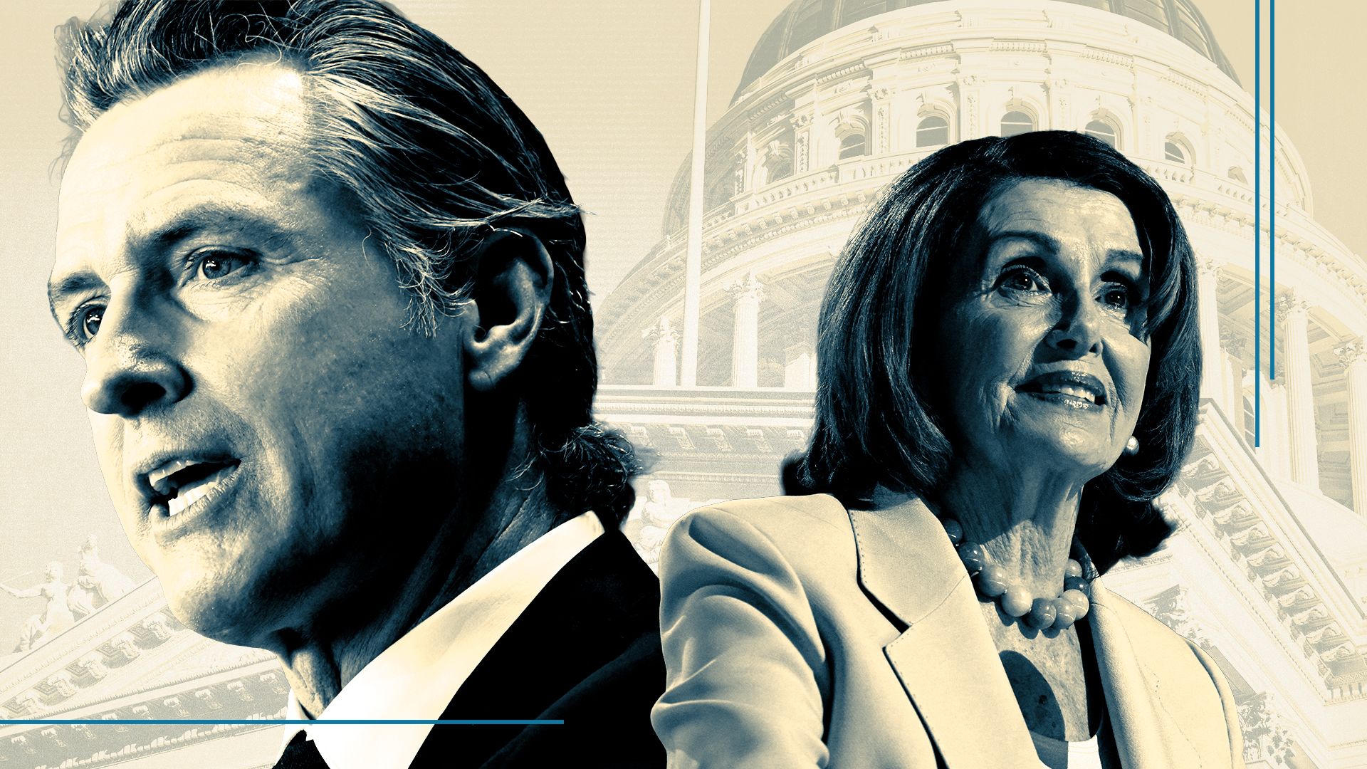 Photo illustration of Nancy Pelosi, Gavin Newsom collaged with the Capitol building. 