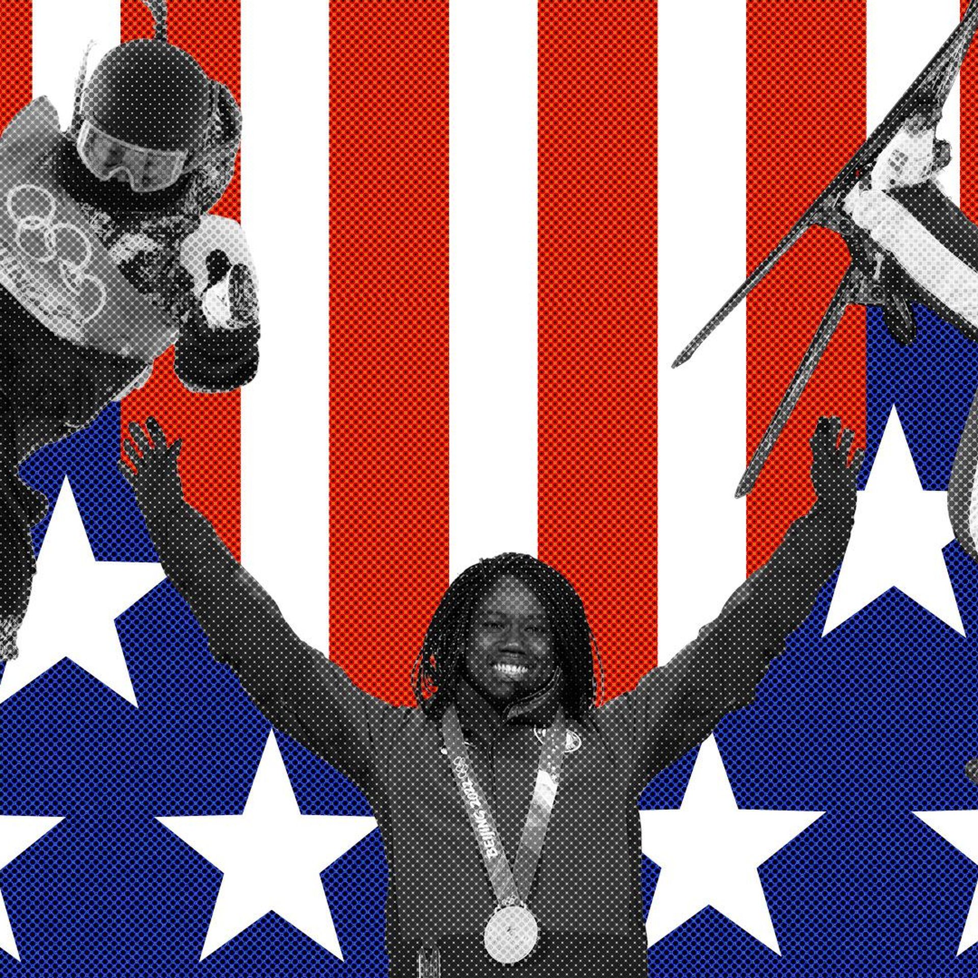 Photo illustration of Team USA members Chloe Kim, Erin Jackson and Ashley Caldwell against a background of stars and stripes.