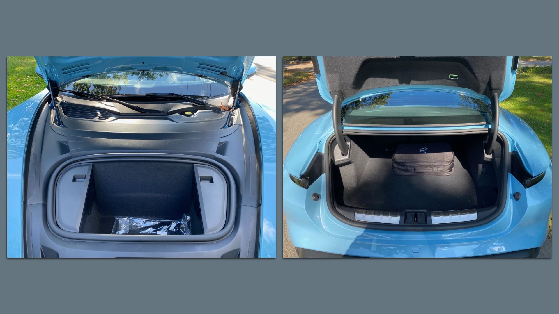 A photo of the Porsche Taycan's trunk and frunk.