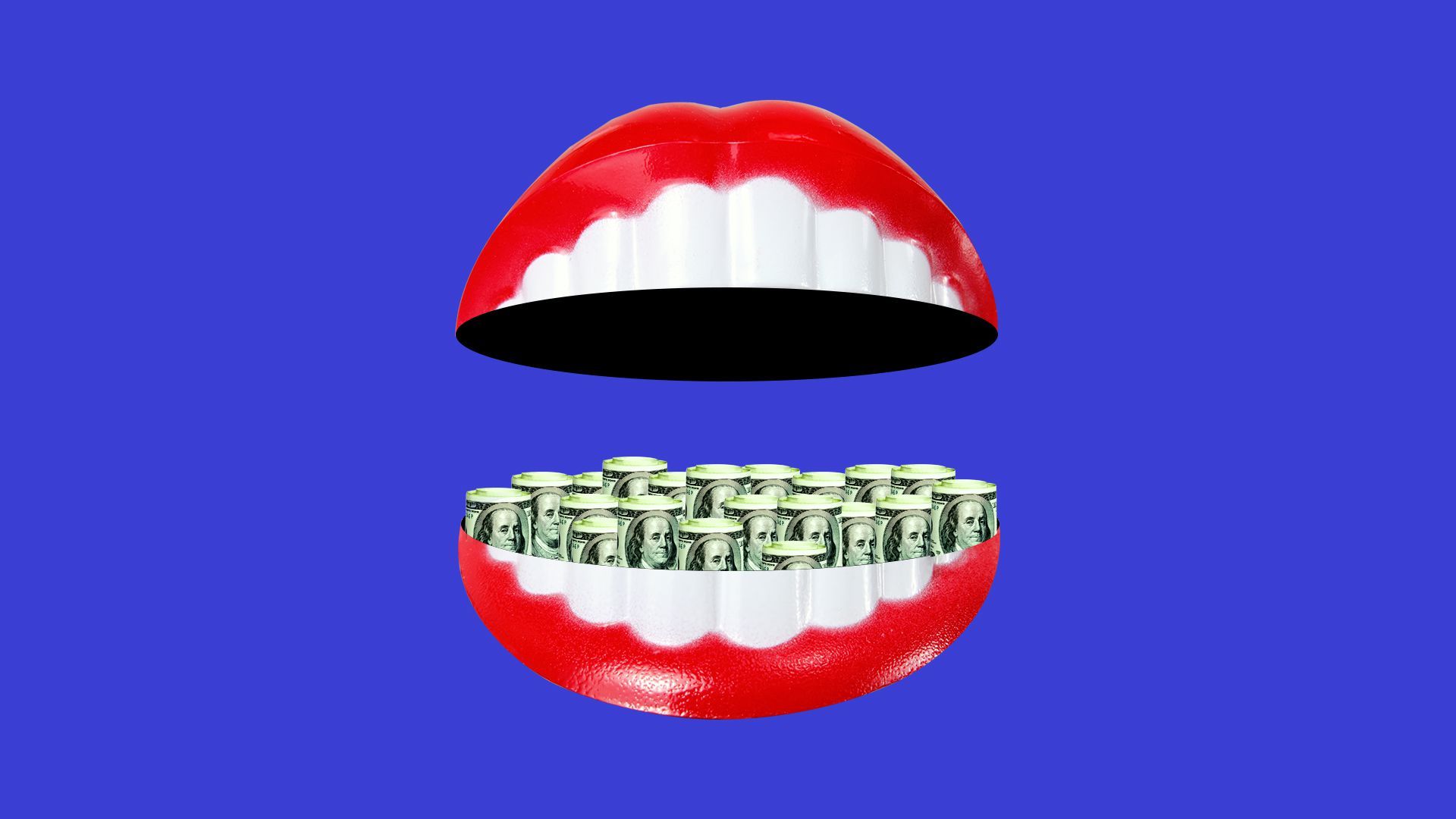 Illustration of teeth opening wide with rolled 100 dollar bills inside.