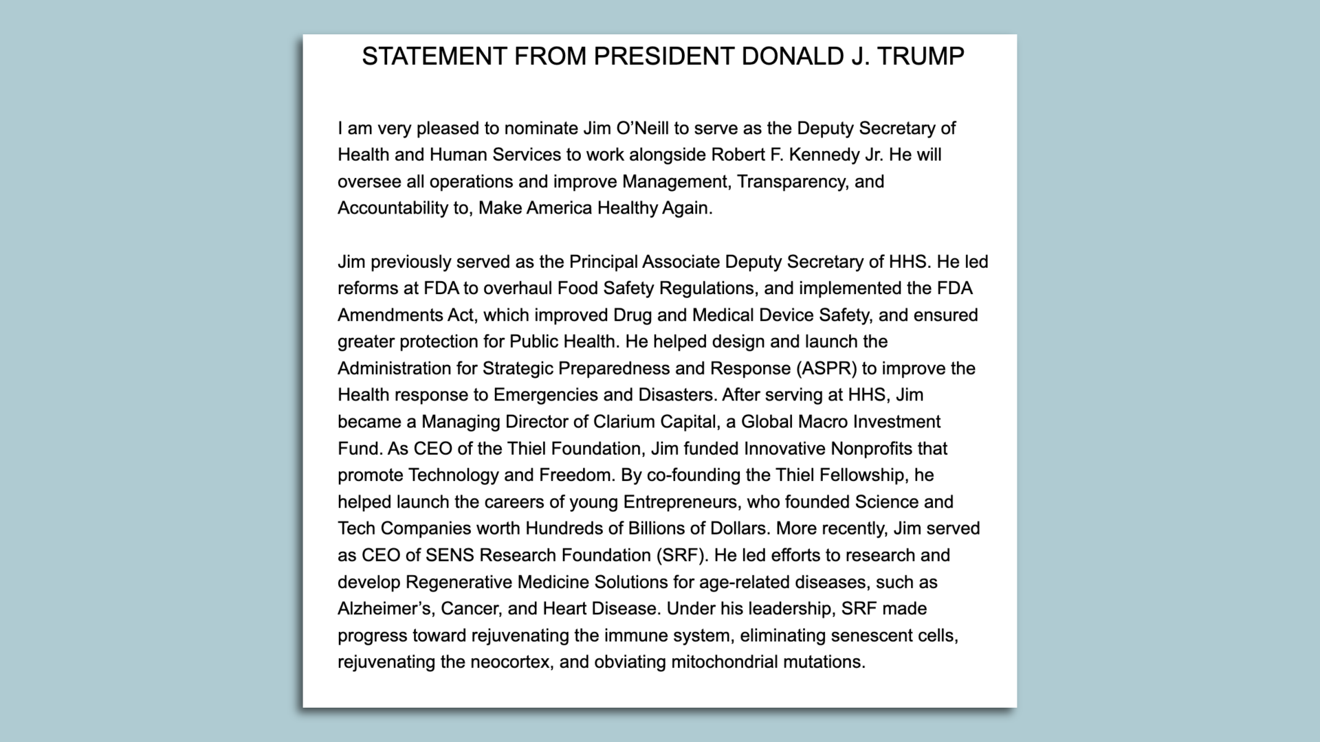 Last night's transition announcement on Jim O'Neill. 