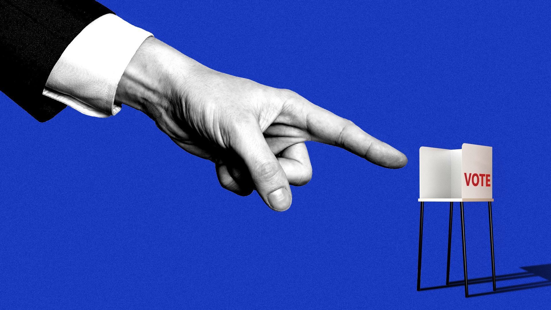 Illustration of a giant hand pointing at a tiny voting booth