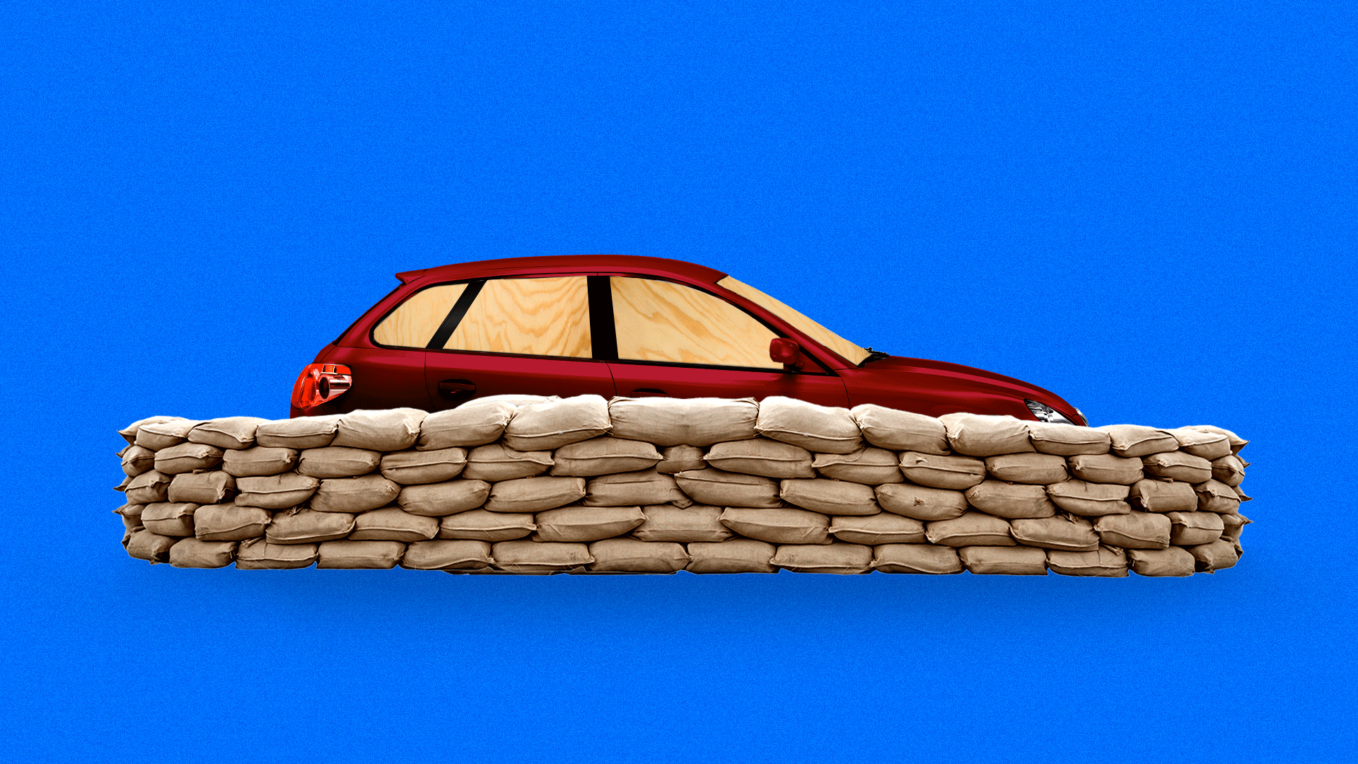 Illustration of a car behind sandbags with wood panels for windows.