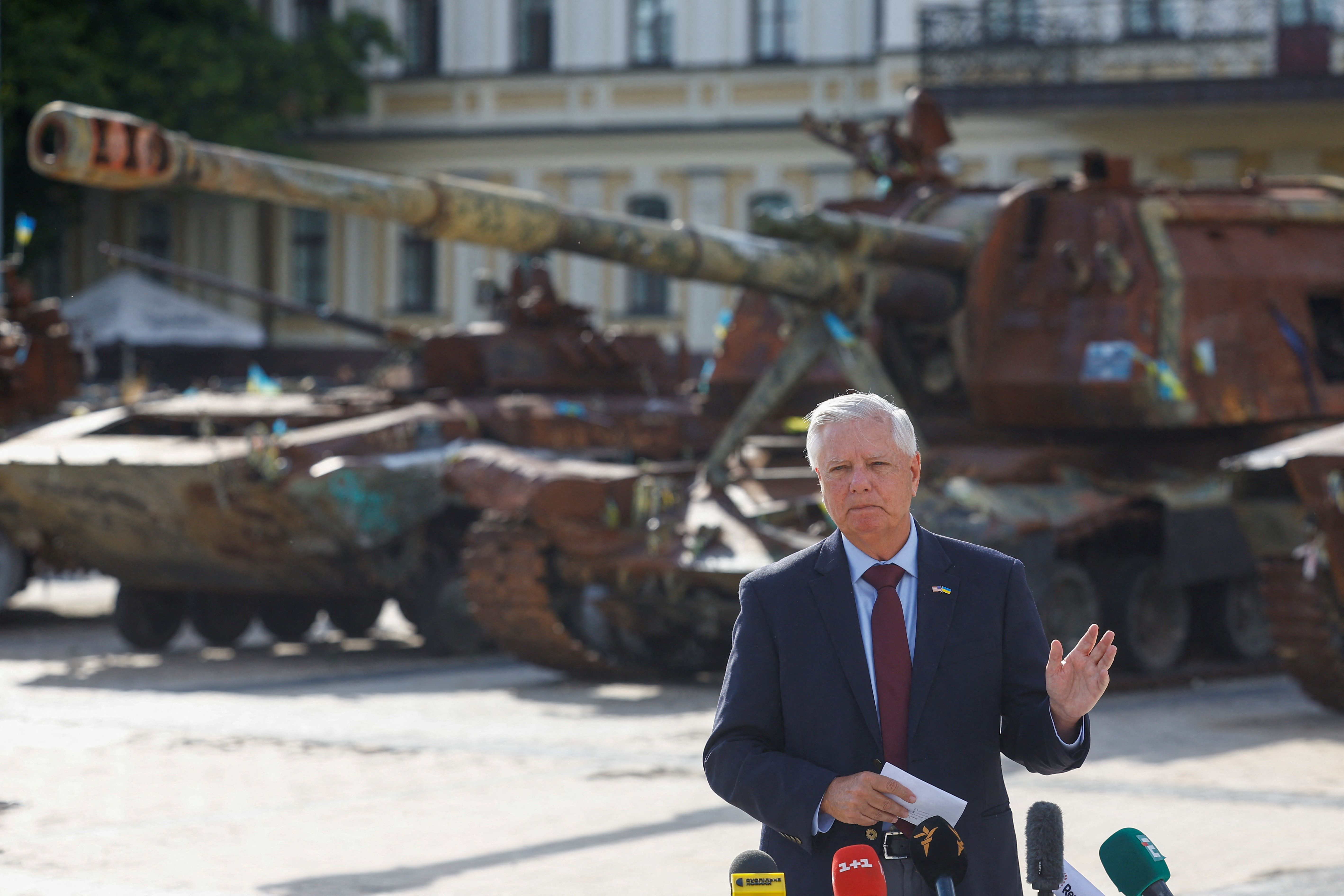Sen. Lindsey Graham speaks to reporters in Kyiv on Friday.