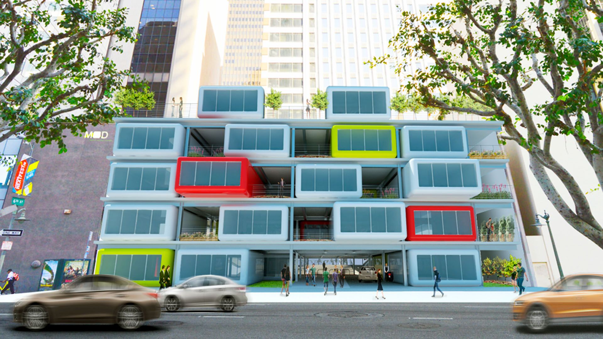 Architectural rendering of a repurposed parking structure in Los Angeles