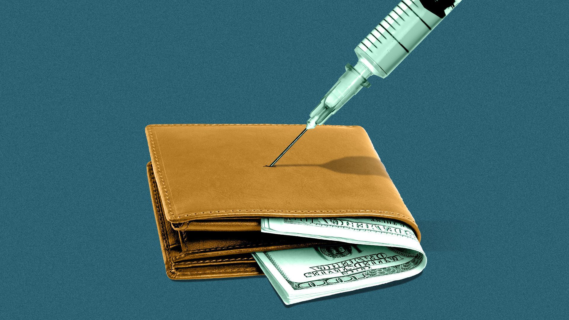 Illustration of a wallet with hundred-dollar bills inside it, and a syringe being stuck into it.