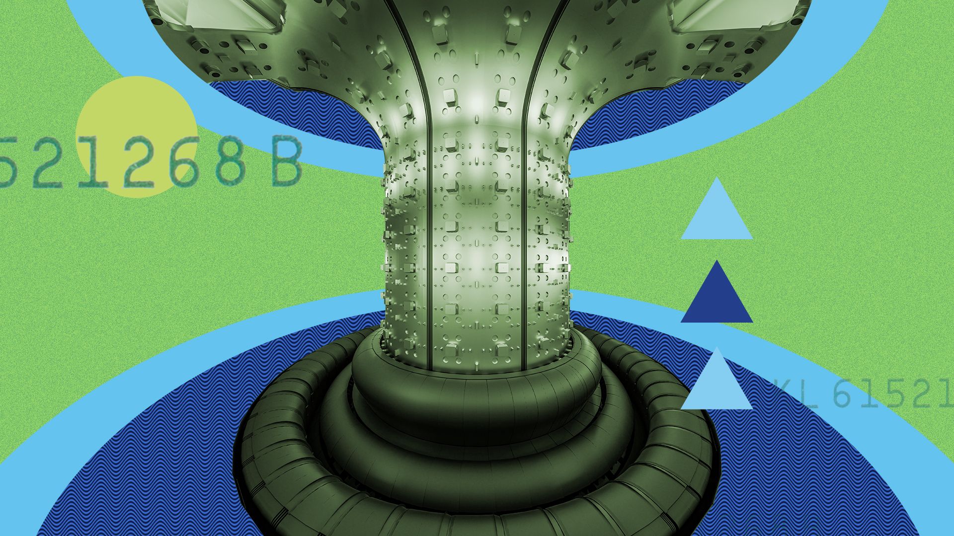 Illustration of a fusion device surrounded by pieces of money and various shapes.
