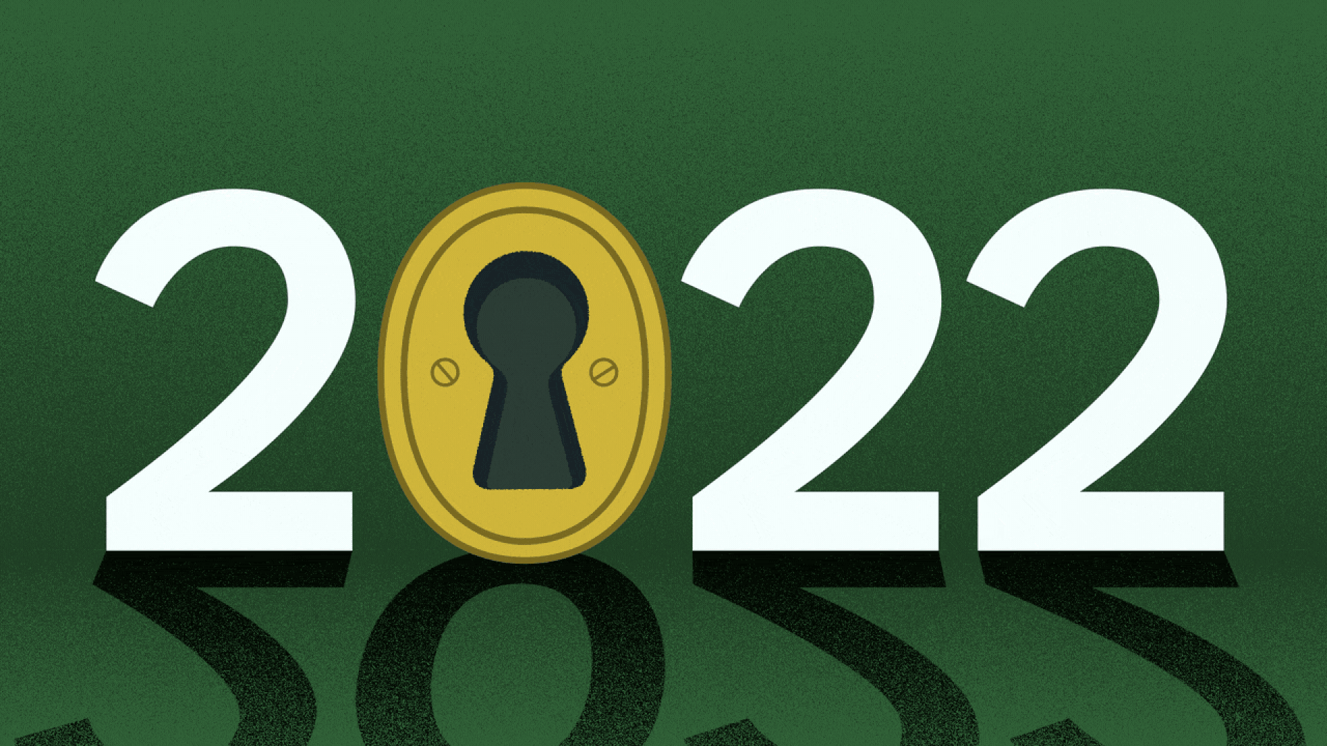 Illustration of the year 2022, with a keyhole for a zero, which zooms in so you can see through the keyhole to the year 2023.
