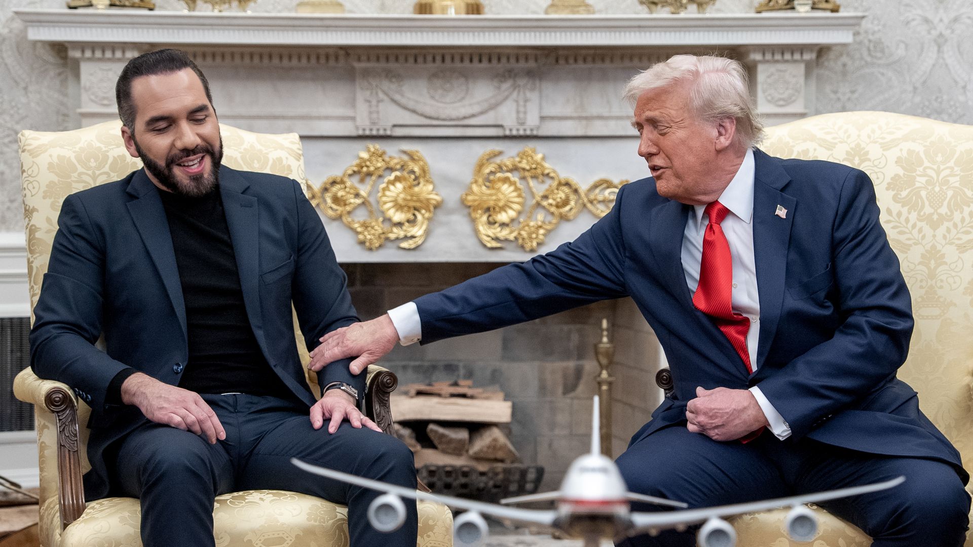 President Trump and Nayib Bukele, El Salvador's president, during a meeting in the Oval Office today.