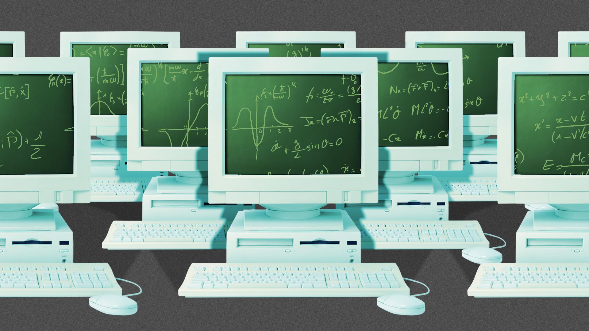 Illustration of a group of computers featuring chalkboards with equations on them