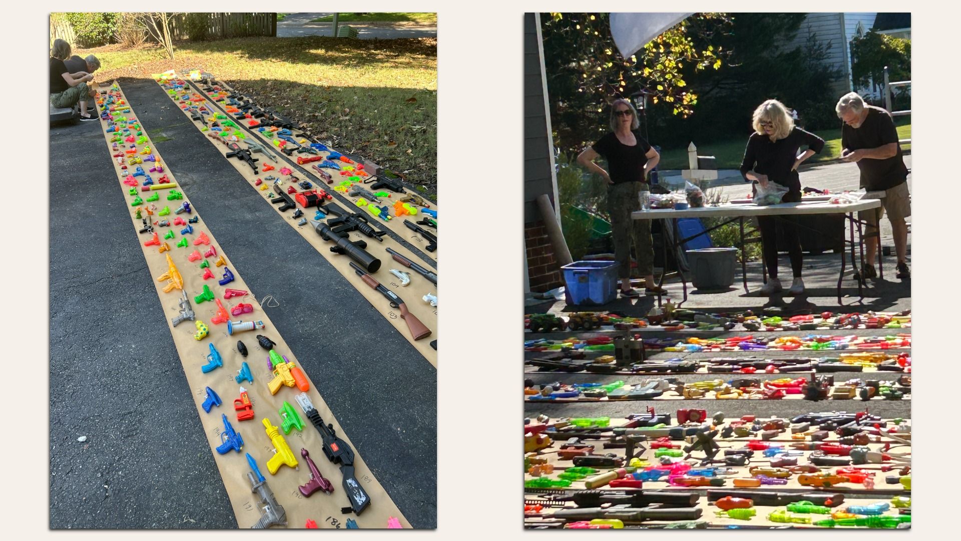 Two-panel outdoor yard sale: left shows long boards with hundreds of colorful toy guns arranged in rows on a driveway; right shows people at a table sorting toys under trees.