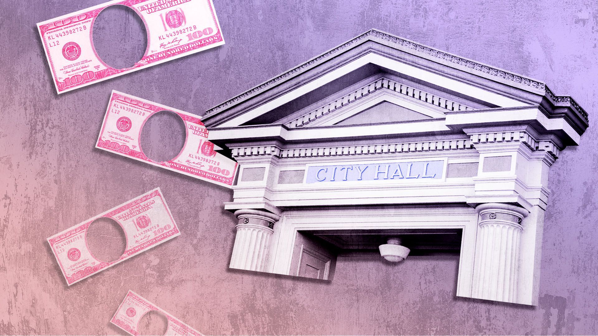 Illustrated collage of a city hall building and falling money. 