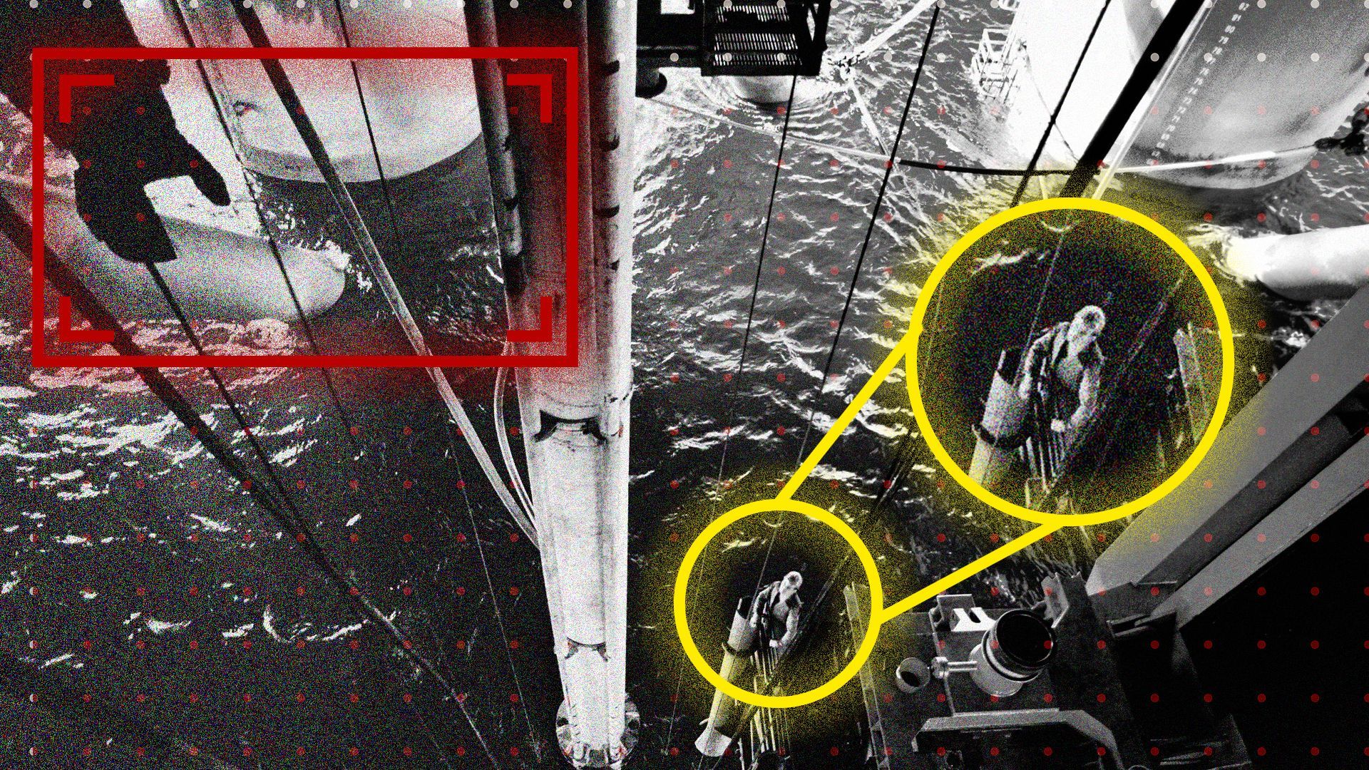 Photo illustration of a worker on an offshore oil rig with circles and squares highlighting areas of the photograph.