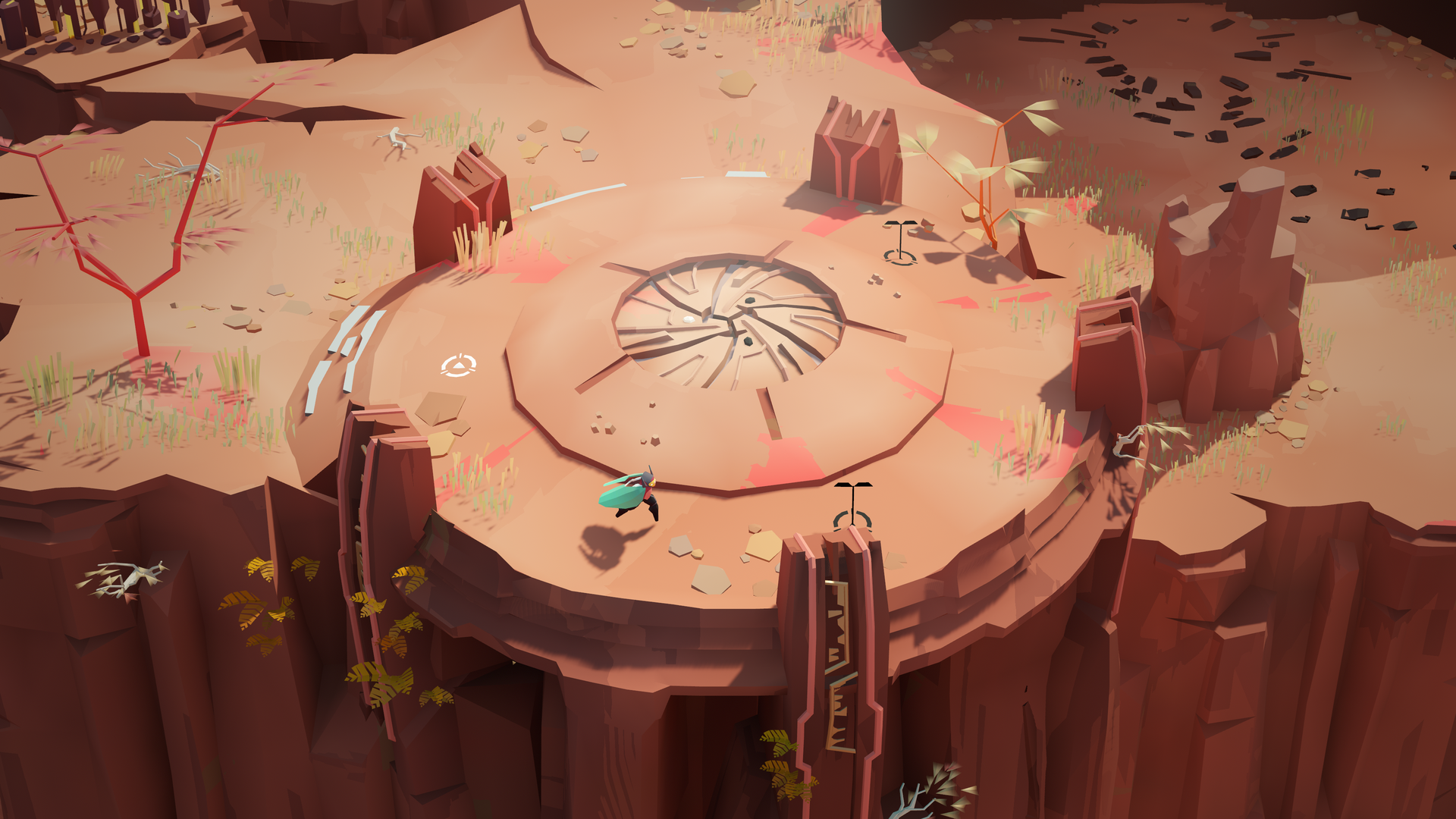 Video game screenshot of a winged figure running across an sandy plateau