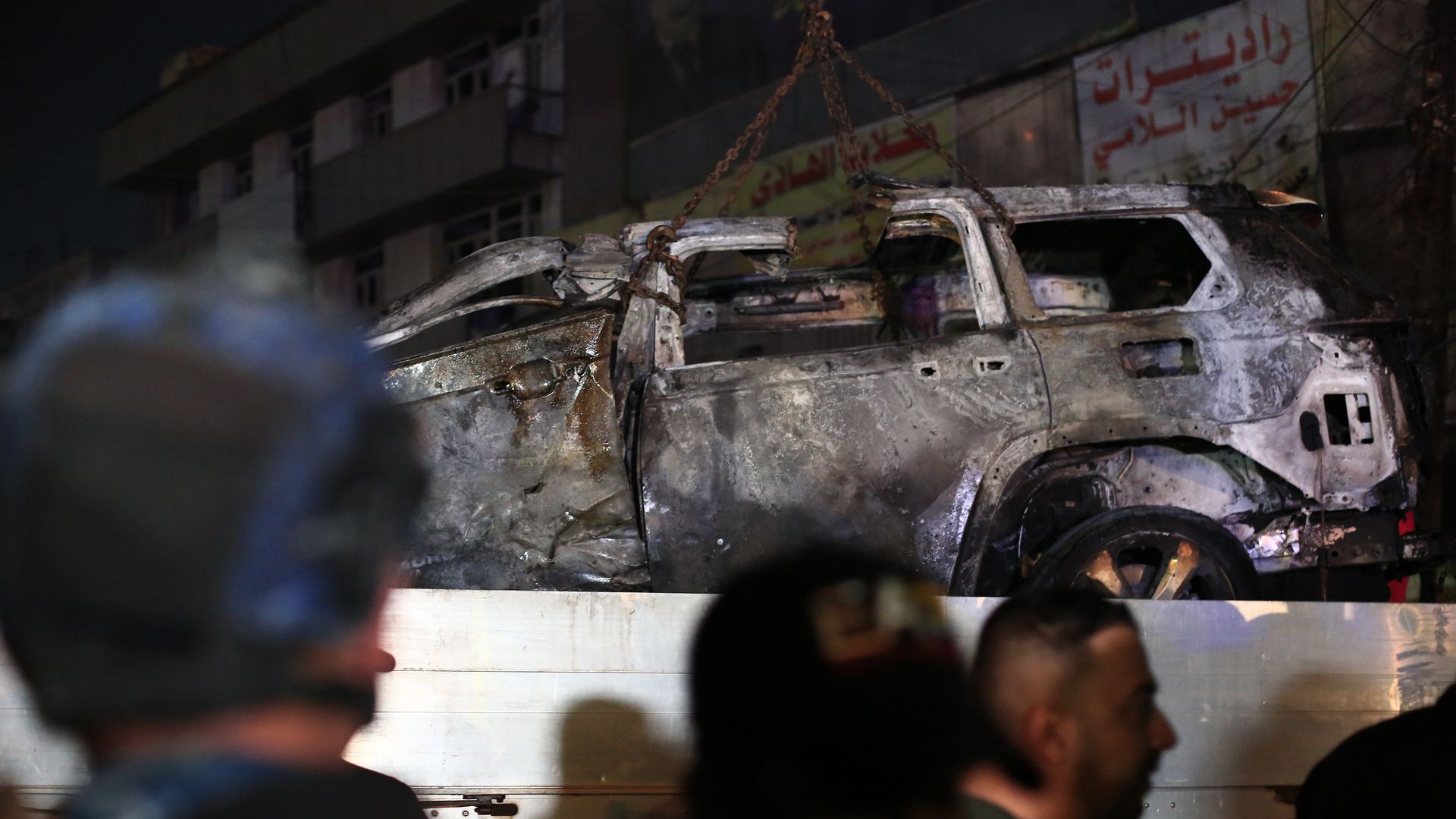 A vehicle that was hit by a drone strike on Feb. 7 in Baghdad. Photo: Ameer Al-Mohammedawi/picture alliance via Getty Images