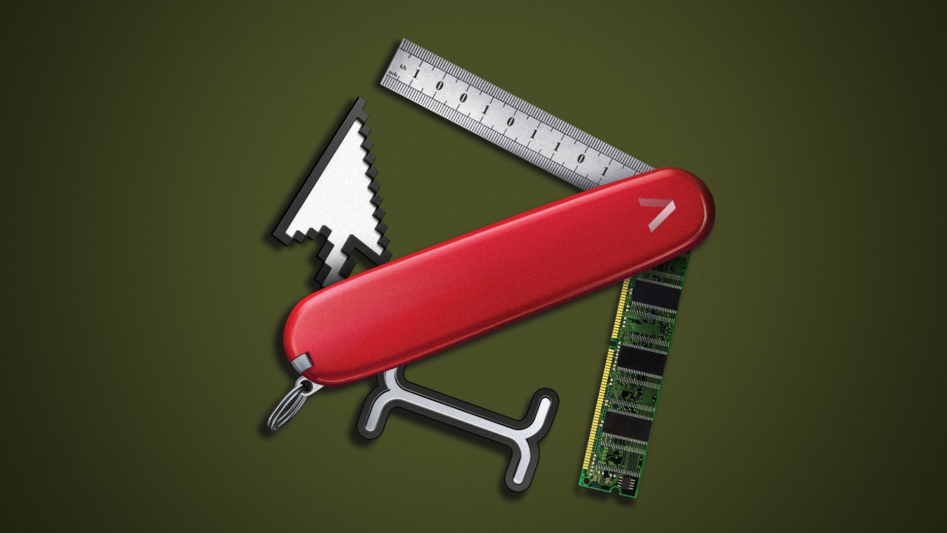 Illustration of a pocket knife with various AI-themed items pulled out including a binary ruler, two cursors and a motherboard.