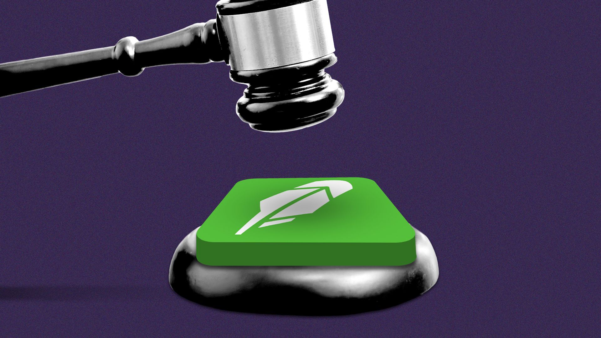 Illustration of a gavel falling on the Robinhood app icon.