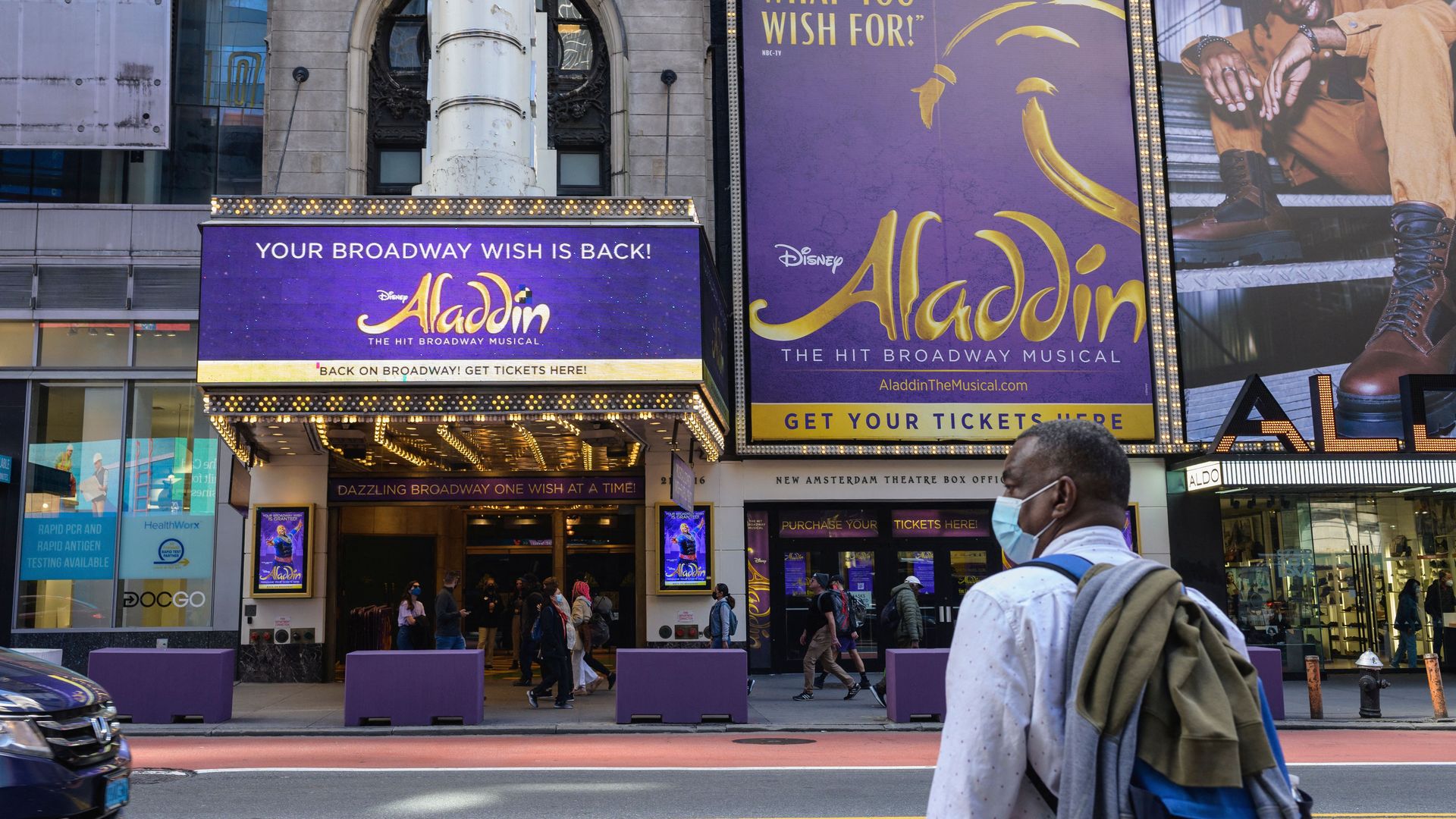 The "Aladdin" Broadway musical displayed outside the New Amsterdam Theatre on Oct. 1 in New York City.