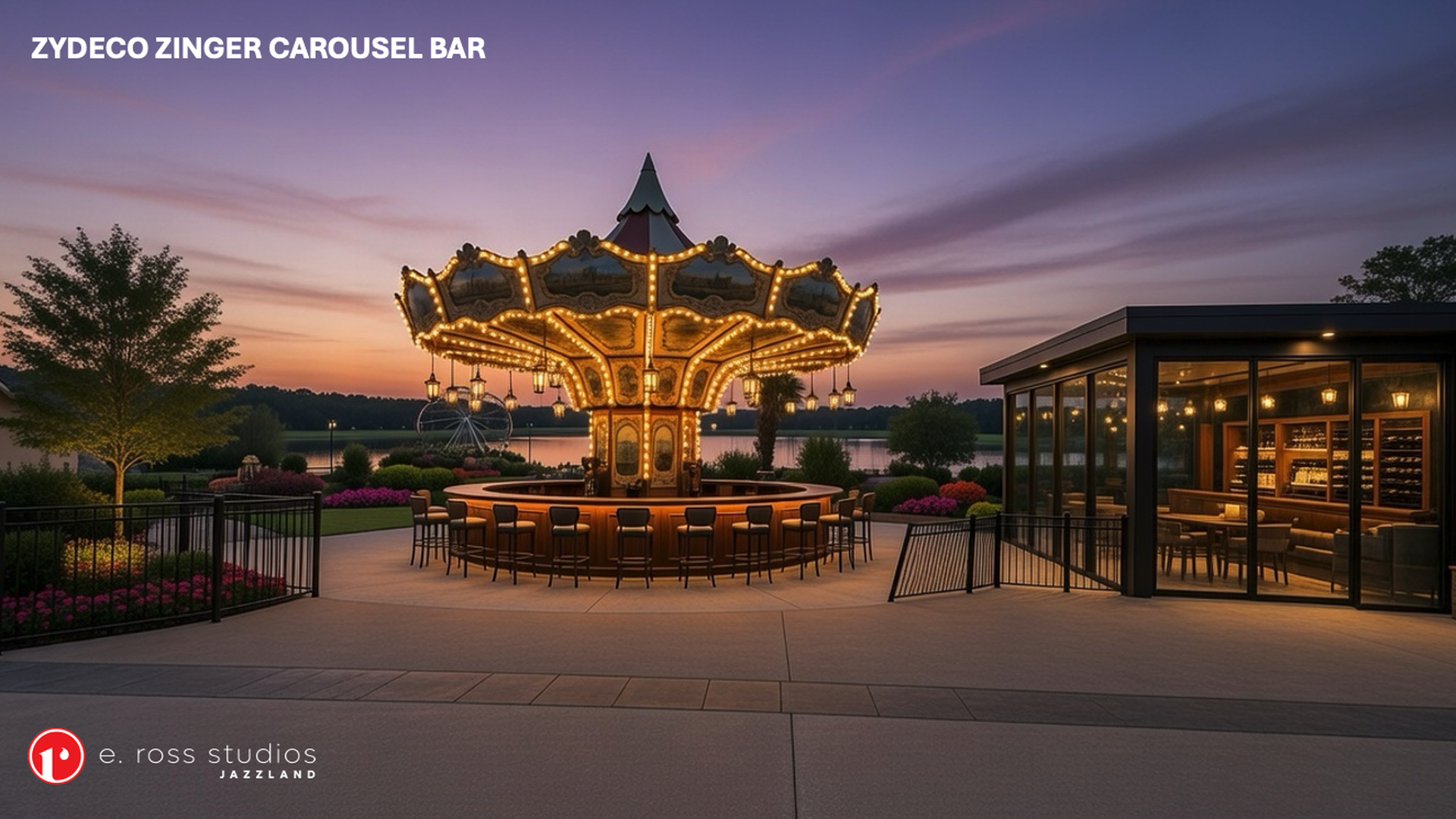 "ZYDECO ZINGER CAROUSEL BAR" an outdoor illuminated circular carousel bar with stools, adjacent to a glass-walled lounge; sunset shades of purple and orange over landscaped grounds and a lake.