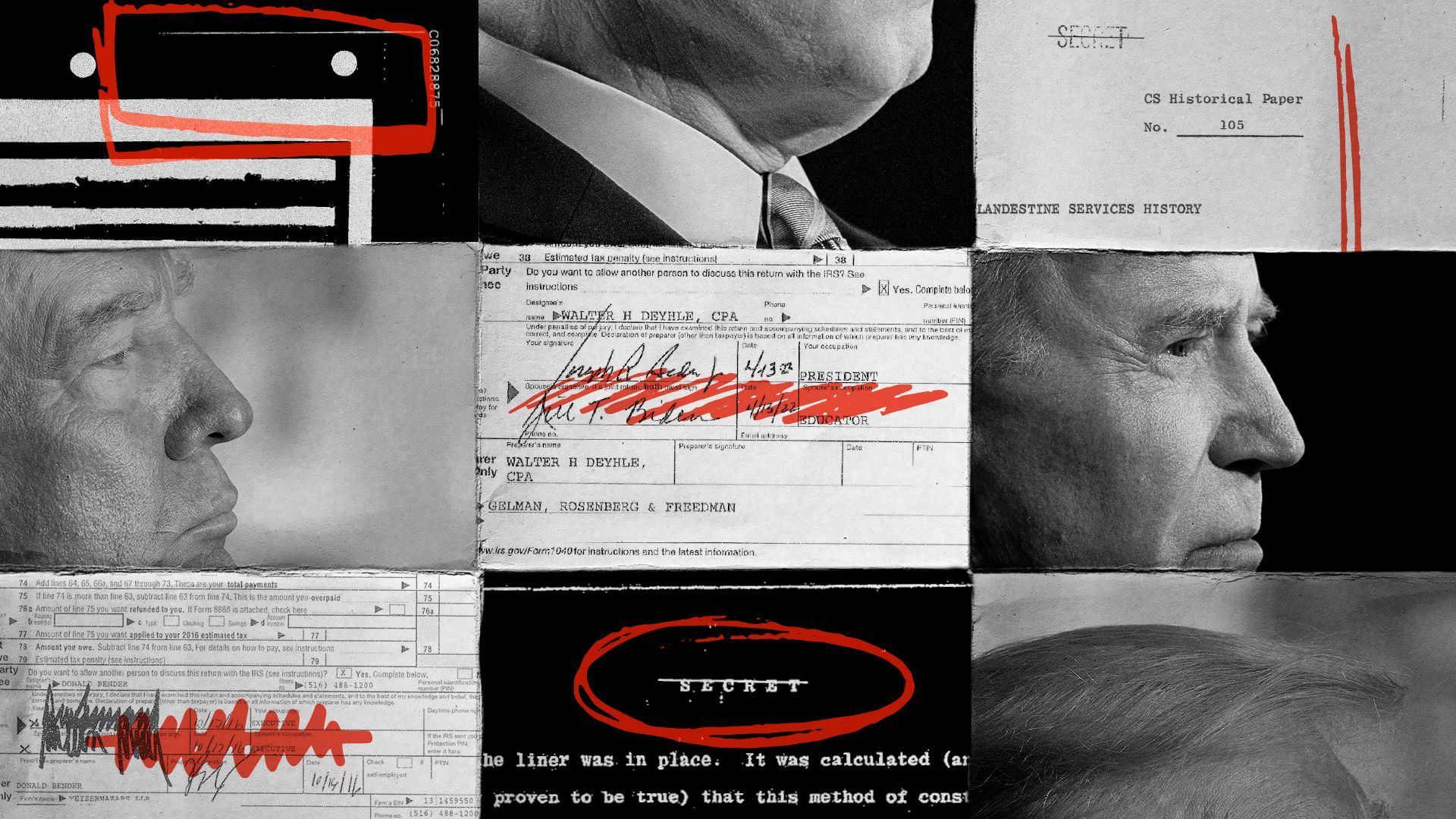 Photo illustration of Donald Trump and Joe Biden surrounded by excerpts of  financial documents, classified documents, and scribbles. 