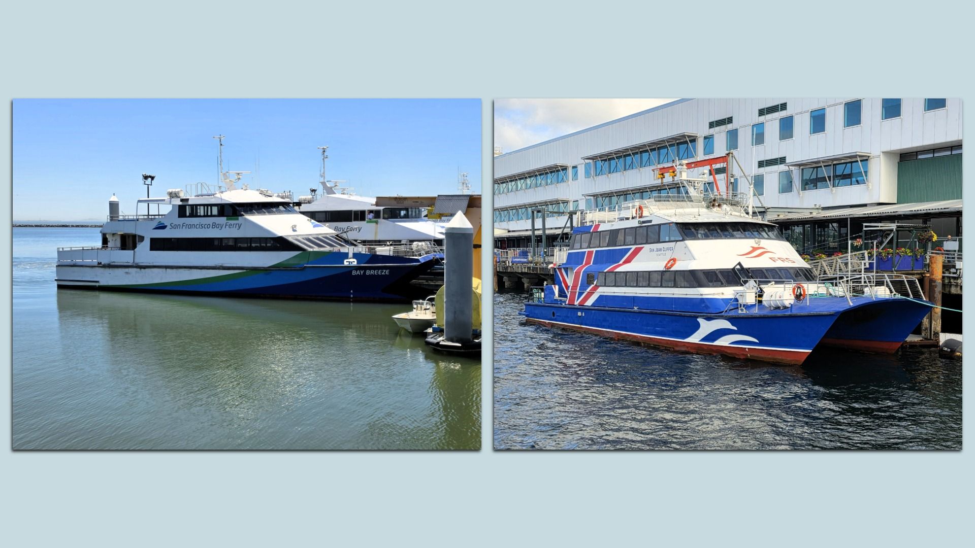 Two ferries docked at a marina: left is a white San Francisco Bay Ferry with blue-green graphics; right is a blue, white, and red striped boat beside a modern dock.