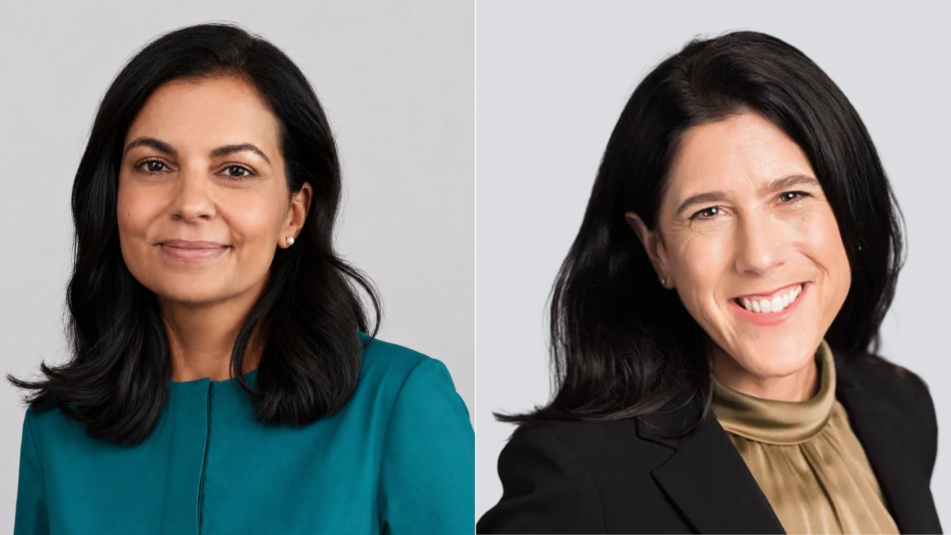 Two side-by-side portraits of women with dark hair and warm smiles: left wearing teal blouse with pearl earrings; right wearing a black blazer and beige scarf, against a light gray background.