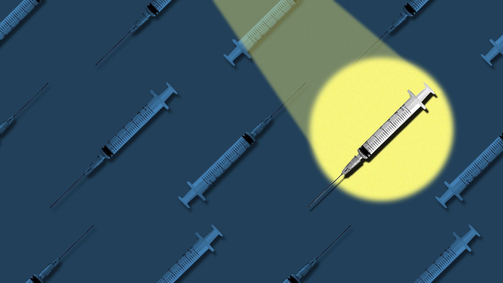 Illustration of a pattern of syringes, with a spotlight on one of them. 
