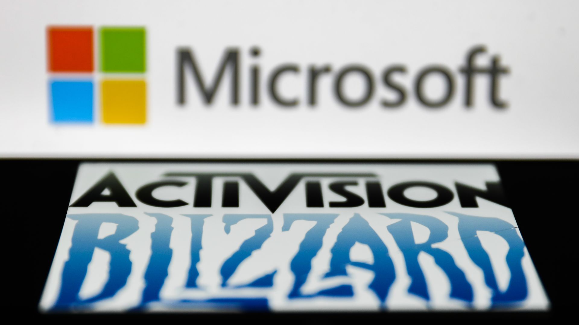 Photo of logos for Microsoft, Activision and Blizzard