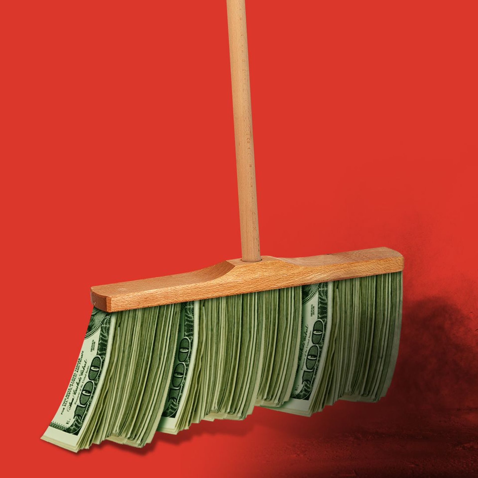 Illustration of a broom made of hundred dollar bills sweeping coal dust